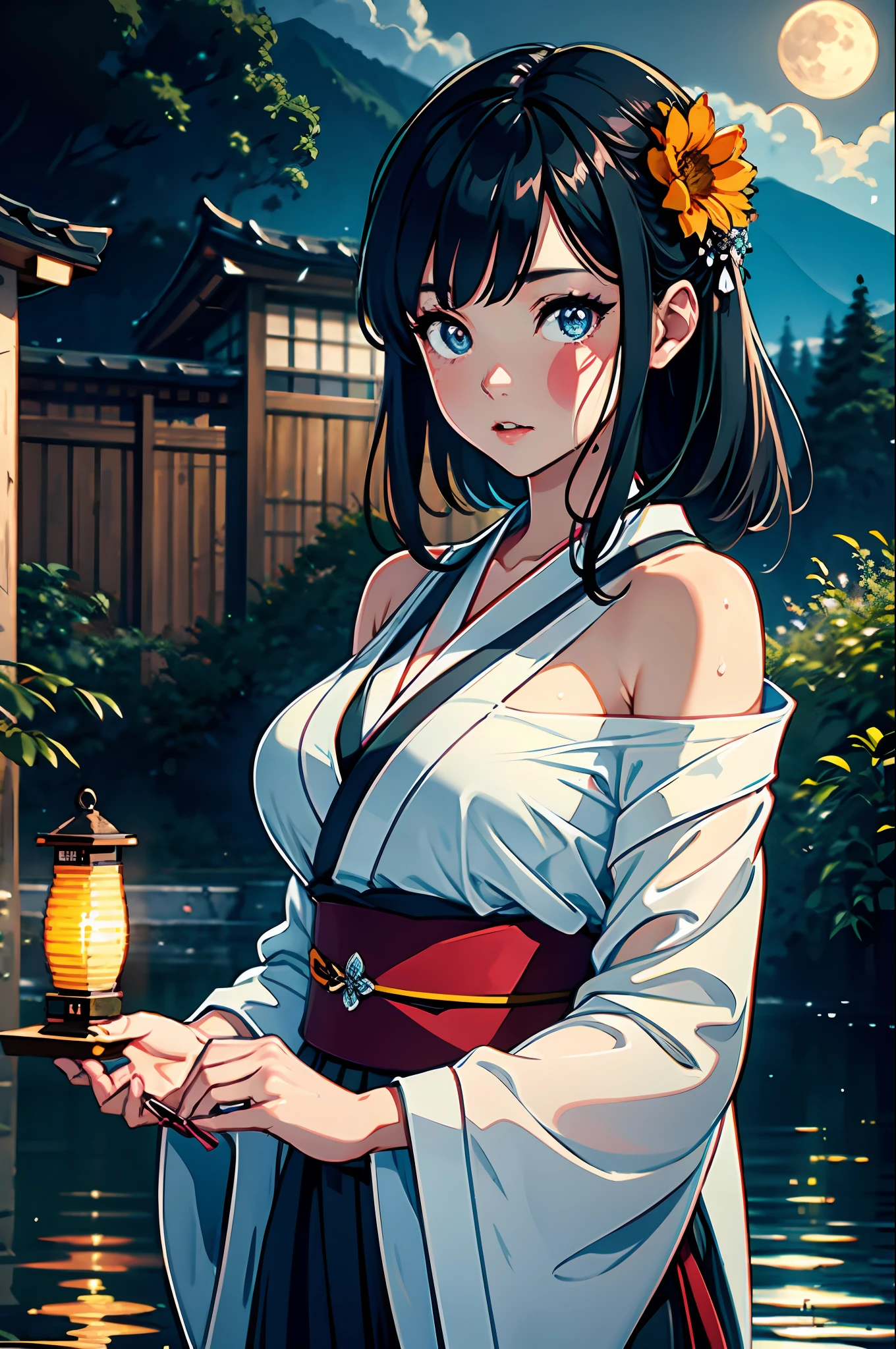 1girl, breasts, moon, lantern, night, solo, large breasts, hair ornament, wet, kimono, japanese clothes, wading, water, hair flower, flower, outdoors, sky, full moon, rain, black hair, off shoulder, mountain, cloud, holding, sash, bare shoulders, paper lantern, standing, white kimono, night sky, sideboob, obi, wet clothes, bangs, tree, from side, reflection, short hair, cloudy sky, wet hair (((masterpiece),(extremely detailed CG unity 8k wallpaper),best quality,,solo,1girl,cinematic lighting,detailed background,beautiful detailed eyes,bright pupils, (an extremely delicate and beautiful),(Beautiful and detailed eye description), ultra-detailed,masterpiece,)),