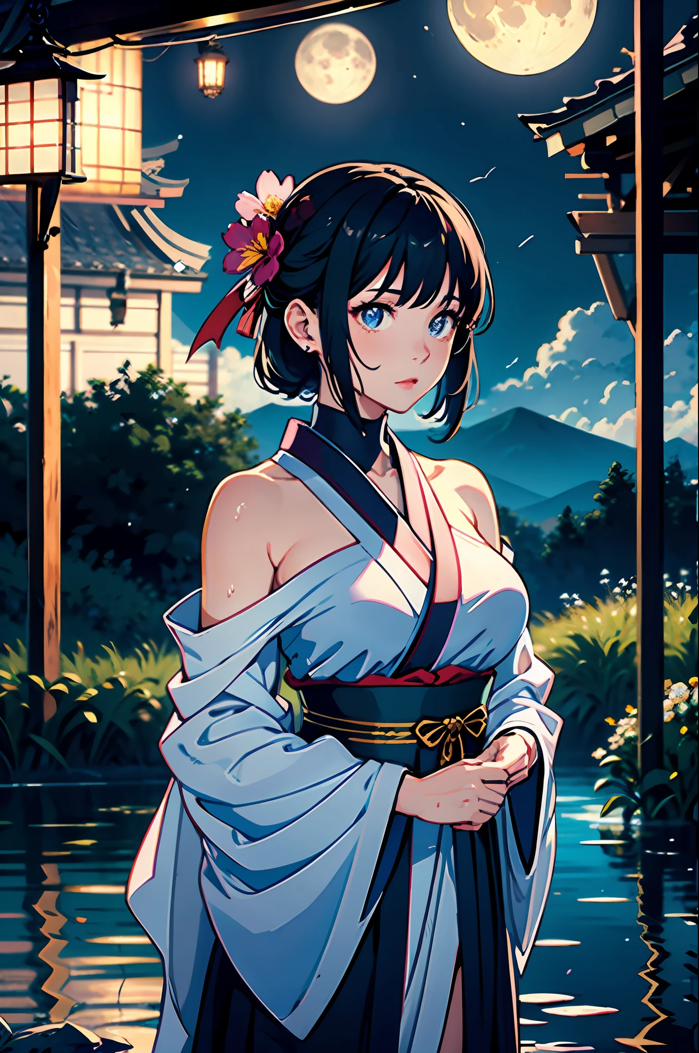 1girl, breasts, moon, lantern, night, solo, large breasts, hair ornament, wet, kimono, japanese clothes, wading, water, hair flower, flower, outdoors, sky, full moon, rain, black hair, off shoulder, mountain, cloud, holding, sash, bare shoulders, paper lantern, standing, white kimono, night sky, sideboob, obi, wet clothes, bangs, tree, from side, reflection, short hair, cloudy sky, wet hair (((masterpiece),(extremely detailed CG unity 8k wallpaper),best quality,,solo,1girl,cinematic lighting,detailed background,beautiful detailed eyes,bright pupils, (an extremely delicate and beautiful),(Beautiful and detailed eye description), ultra-detailed,masterpiece,)),