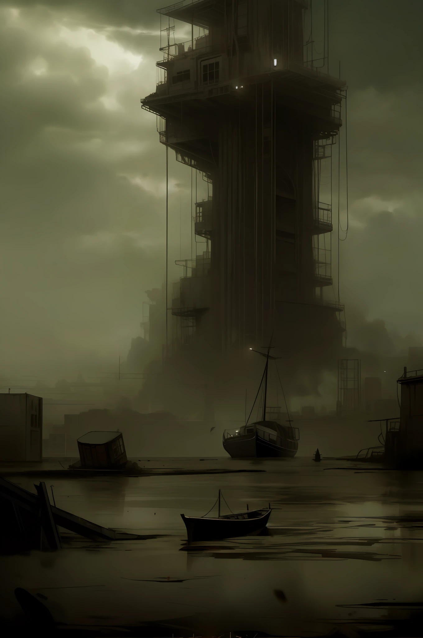 there is a small boat floating in the water near a city, atmospheric. digital painting, black and white matte painting, ominous apocalyptic background, ominous atmosphere, clouds and corrupted city behind, dark atmosphere illustration, ominous foggy environment, ominous photo, ominous background, bleak cityscape background, beautiful and ominous, an ominous fantasy illustration, dark foggy water, dramatic and atmospheric