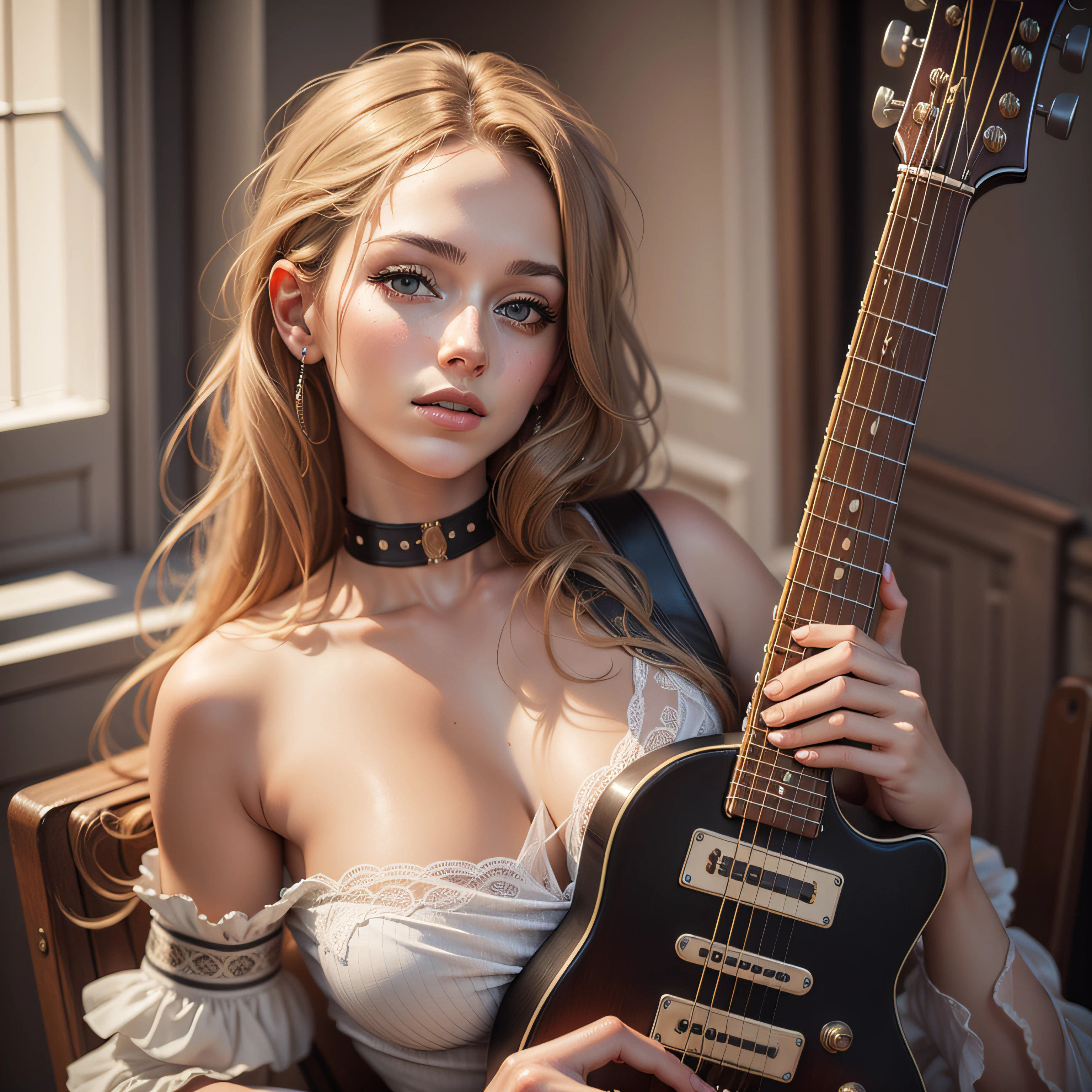 18 year old girl, topless open shirt, playing electric guitar, blond hair, blue eyes --auto