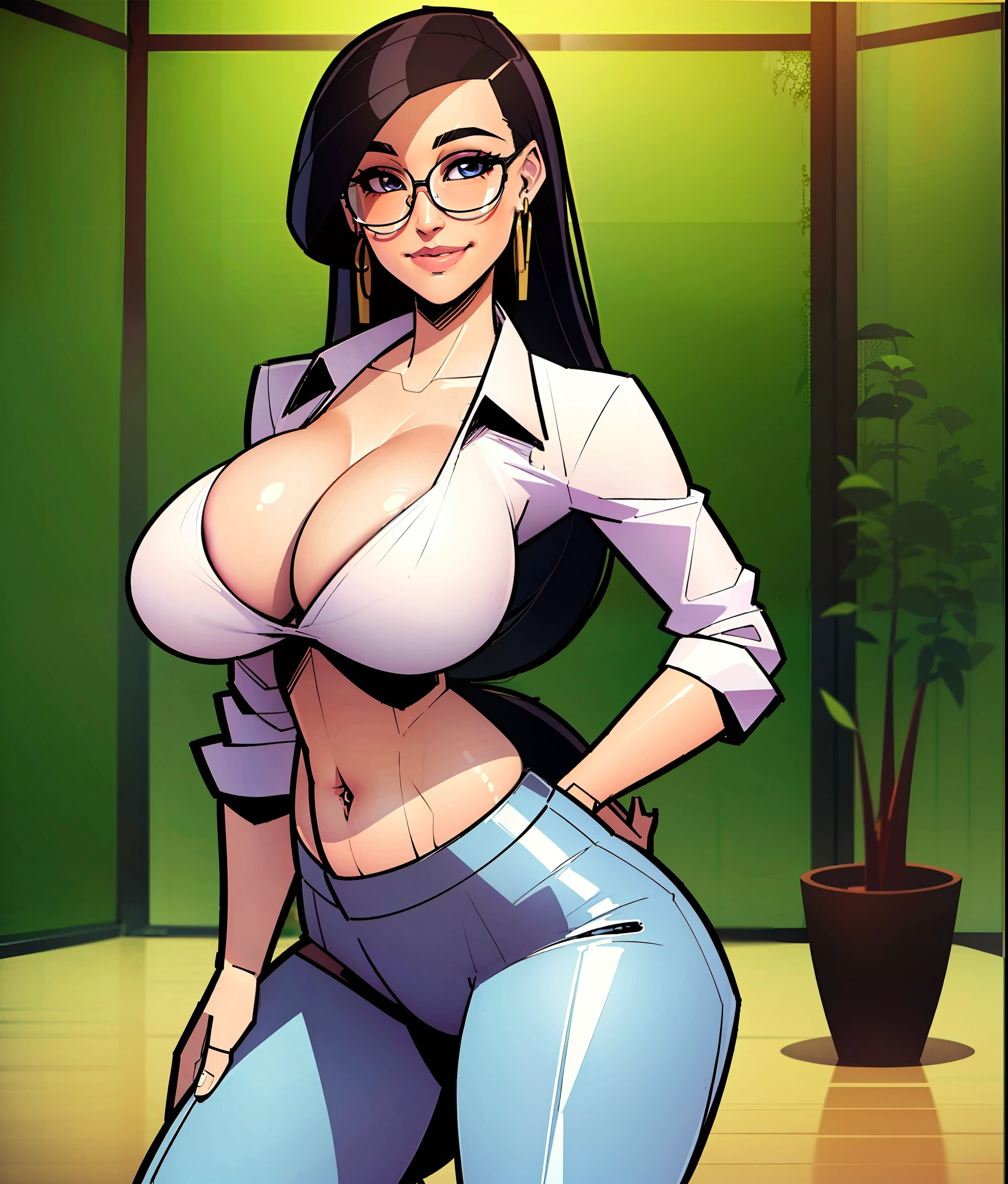 Japanese Milf, single business woman with big breasts, black hair, blue eyes, earrings, big neckline, big breasts, aesthetic hips, glasses, thick lips, small nose, tight long pants, high heels, marked, big smile, beautiful woman, comic drawing style, white shirt, breasts protrude from lingerie, horse tail, full body