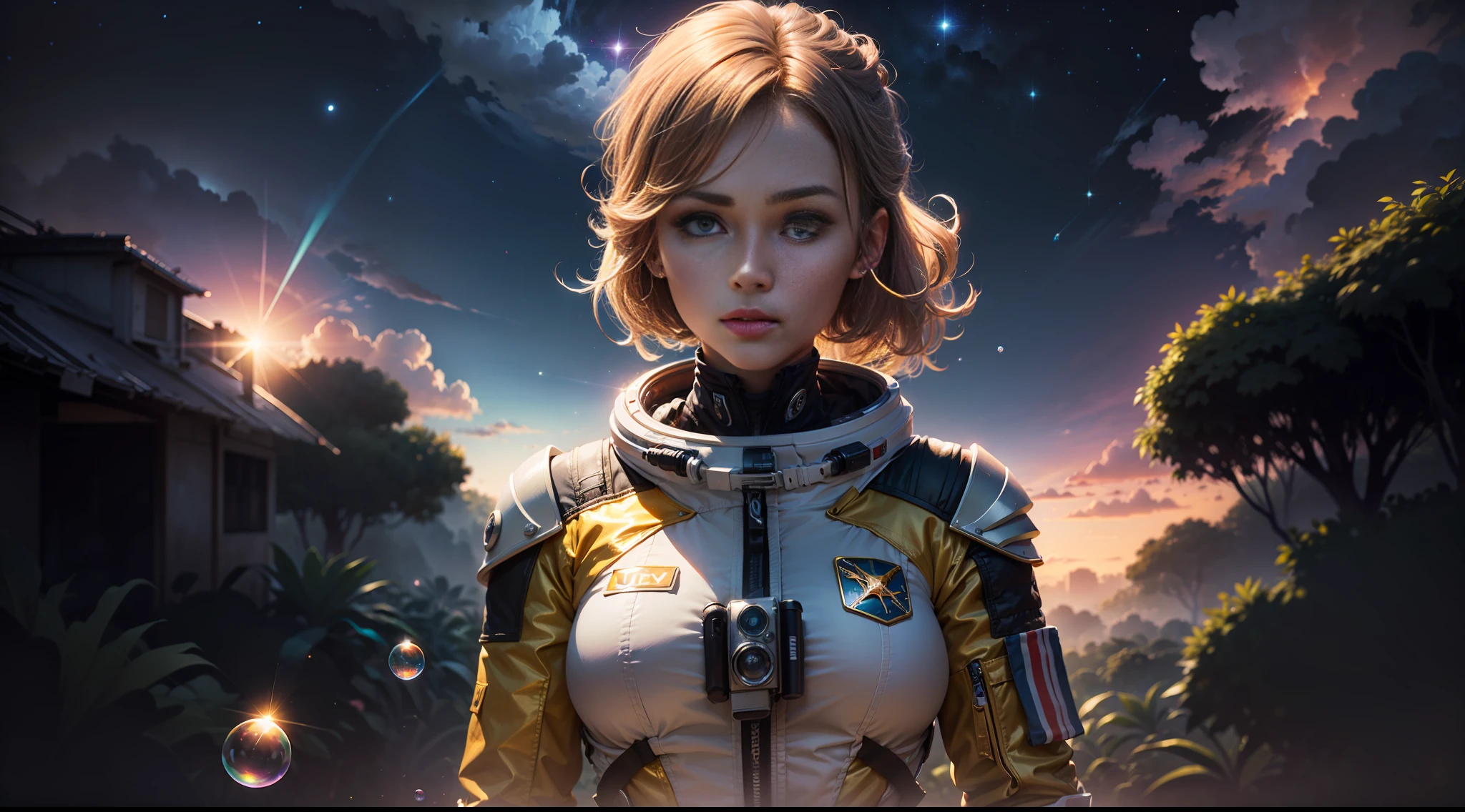 hd masterpiece, one standing woman space cadet looking at camera, detailed face, mid shot, golden suit, colorful clouds and neon soap bubbles, jungles background