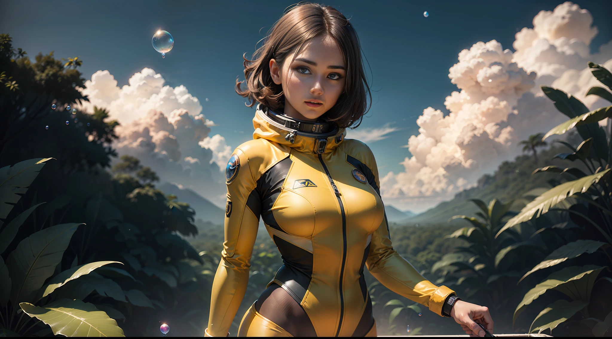 hd masterpiece, one standing woman space cadet looking at camera, detailed face, mid shot, golden suit, colorful clouds and neon soap bubbles, jungles background