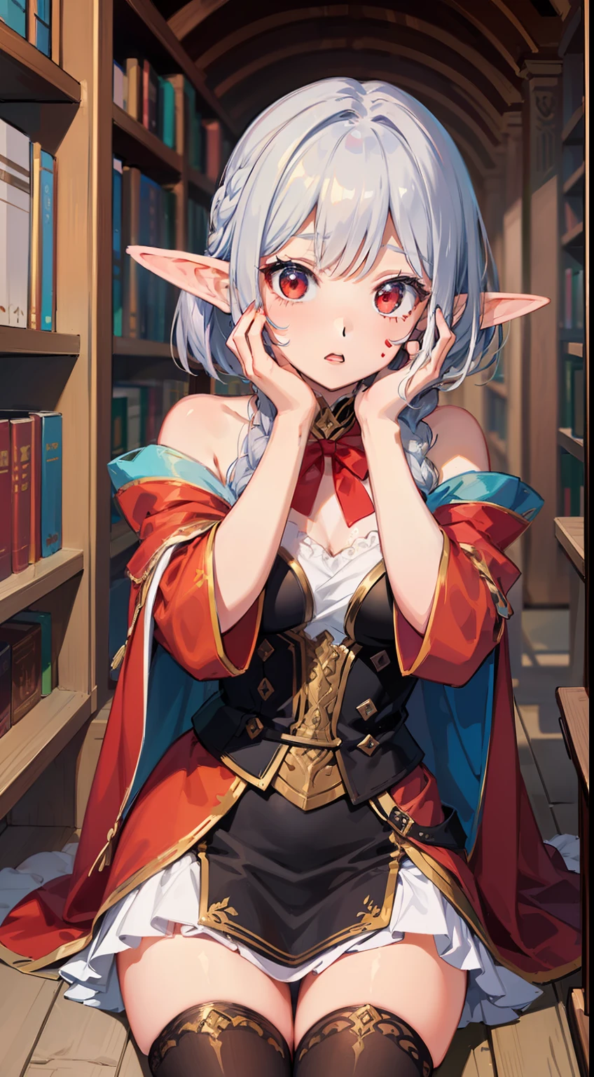 ((Put both hands on your face)), ((surprised)), (Red face), 1 girl closeup, Elf, Silver hair, Red eyes, Braid hair, Bob cut, Wizard, Robe, Ruffles, Tights, Cloak, Library, Mirror, TS, Concept art, Beautiful anime scene, Beautiful anime scenery, Best quality, Masterpiece, 4K