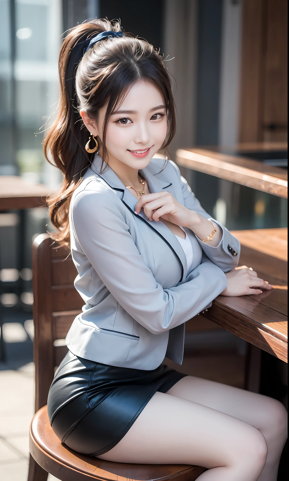 Delicate, Masterpiece, Beautiful Detail, Colorful, Fine Detail, Detail, Detail, Big Breasts, 1 Woman, (20 Year Old Beautiful Korean Woman: 1.1), (KPOP Idol, Korean Mix), (50mm Sigma f/1.4 ZEISS Lens, F1.4, 1/800s, ISO 100, Photo: 1.1), (Ponytail + Blonde: 1.2), Realistic: 1.4), (Spy: 1.2), (dark blue open jacket, shirt, skirt, tie, black pantyhose, Christian Louboutin \ (brand\): 1.3), earrings, necklace, armlets, (tavern: 1.2), (beautiful legs, tall woman, skinny, slim legs, thigh gap, model: 1.2), lens flare, happy smile from the front: 1.1), Dynamic pose, (make: 1.2), sitting on bar stools, Nogizaka idol, Korean idol, actress, gravure idol, armpit, arms crossed, android