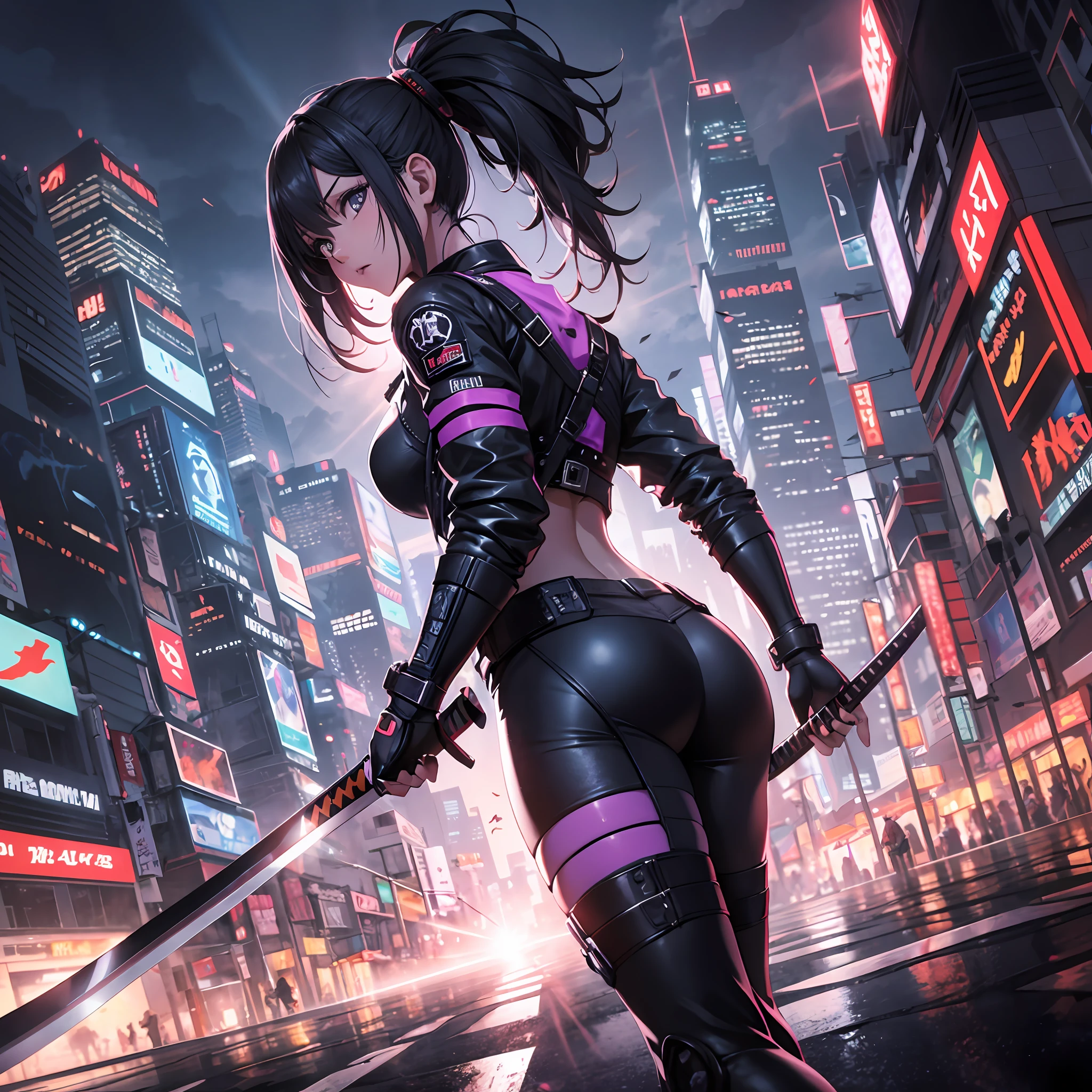 ninja, cyberpunk city background, holding a katana, night, black uniform, katana emanating a black aura with purple, backlighting, reflection light, god rays, blurry, cinematic lighting, motion blur, masterpiece, best quality, masterpiece, super detail, high quality, best quality, 16k, HD, high details