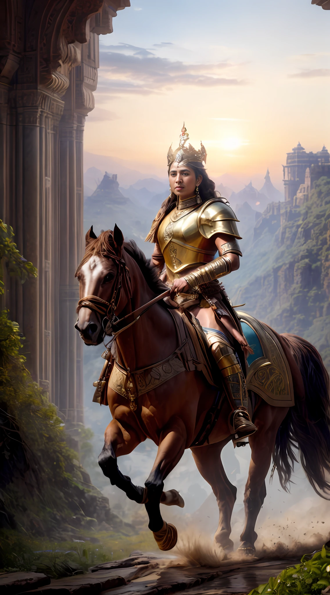 (masterpiece, UHD, digital art, detailed:1.3), Rani Abbakka Chowta, indomitable warrior queen, (elaborate armor with intricate motifs:1.2), steadfast gaze, leading her valiant troops into a 16th-century Indian battlefield, (inspired by realistic art by Gaston Bussiere and Greg Rutkowski:1.4), immersive depiction, diverse landscapes, swirling dust, traditional weaponry, dynamic action, warm colors, vibrant details, realistic textures, atmospheric lighting, top-down perspective, diagonal shot, looking out with unwavering determination.