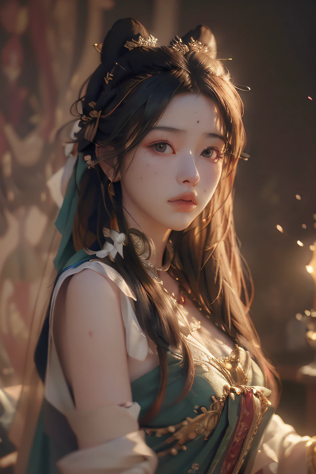 Zhongfeng Hua, 1 Girl, Solo, Hanfu, Ancient_Chinese_architecture, flower field, flowers, a pretty girl front, bust photo, exquisite metal headdress, feathers, countermeasure face, gorgeous, luxurious, enchanting makeup, fantasy style, HD picture, 8k, high quality, (white smoke: 1.3) (realistic:1.4), zen entanglement, mandala, entanglement, official art, Unity 8k wallpaper, super detailed, beautiful and beautiful, masterpiece, best quality, (Dynamic angle: 1.4), glowing skin, (floating colorful glitter: 1) The most beautiful chaotic forms, elegant, brutalist design, bright colors, romantic depth of field exotic_dance