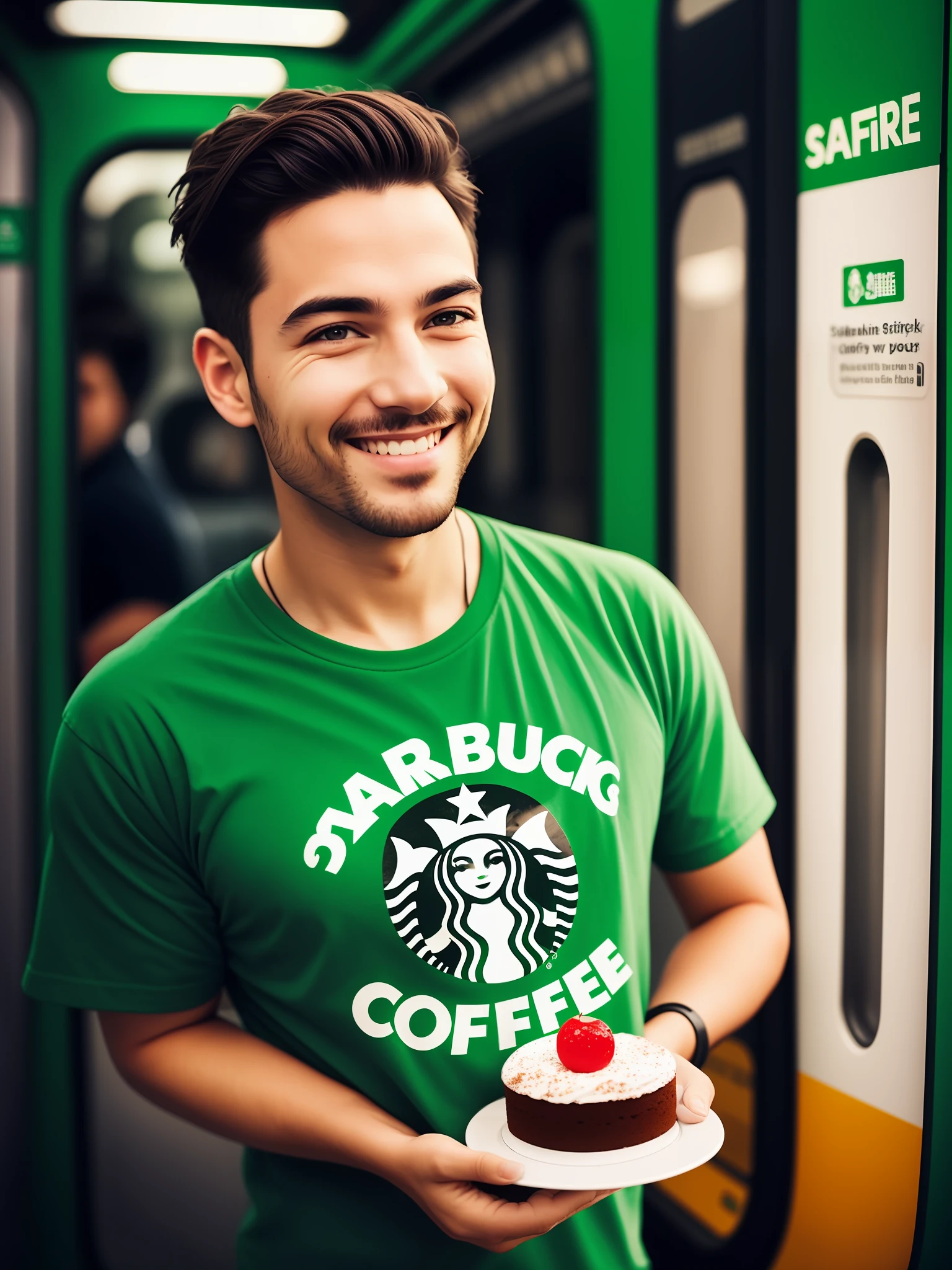 A man wearing starbucks tshirt, standin in a metro train, eating a slice of cake, dark green background, smiling faces, (cyborg:1.1), ([tail | detailed wire]:1.3), (intricate details), hdr, (intricate details, hyperdetailed:1.2), cinematic shot, vignette, centered