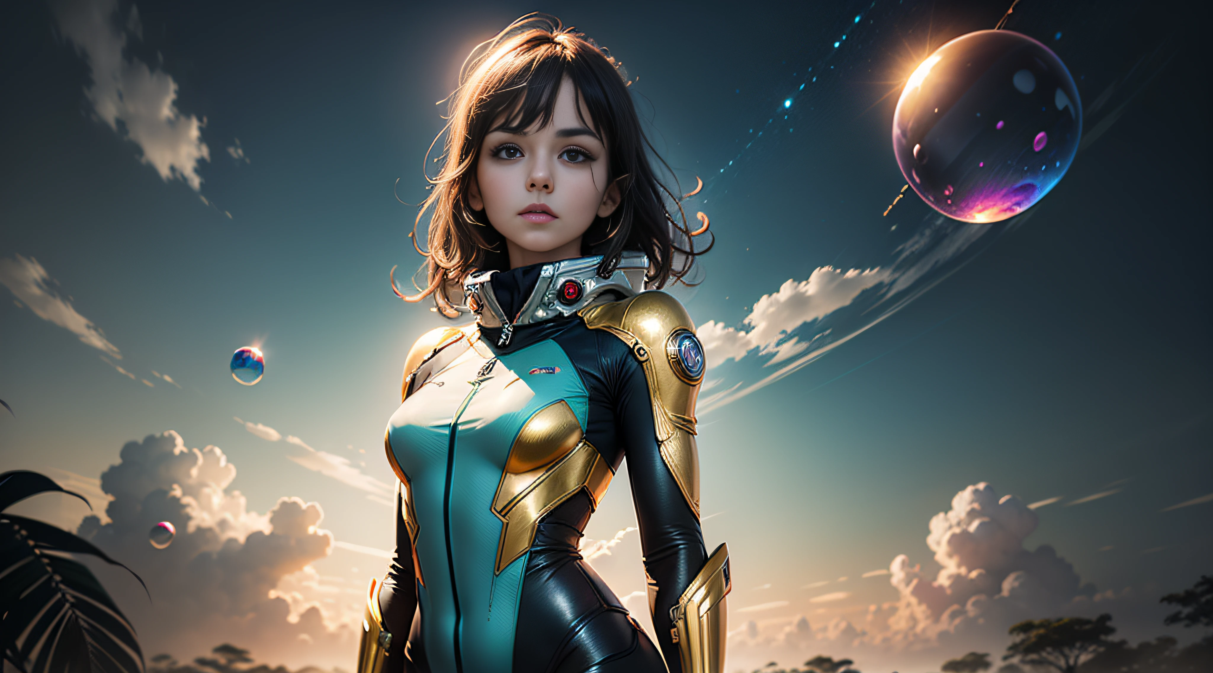 hd masterpiece, one standing woman space cadet looking at camera, detailed face, mid shot, golden suit, colorful clouds and neon soap bubbles, jungles background