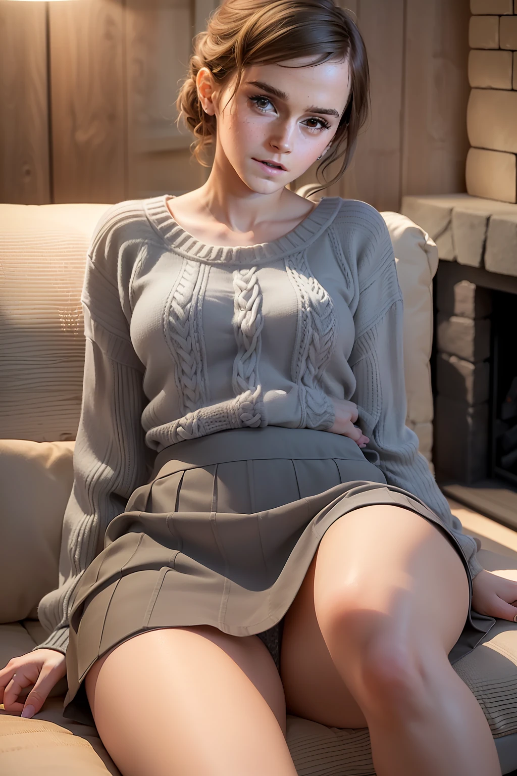 (((Emma Watson))), (the very tall slender woman sits on a cozy sofa next to a flickering fireplace of a mountain hut), (she has round breasts), big eyes, (small head), (((a crop shirt and a short gray knitted skirt))), (photorealistic), (ray tracing), (cinema lighting), (sharp focus), collarbone, (detailed face), natural and realistic skin textures, soft face, (((cameltoe))