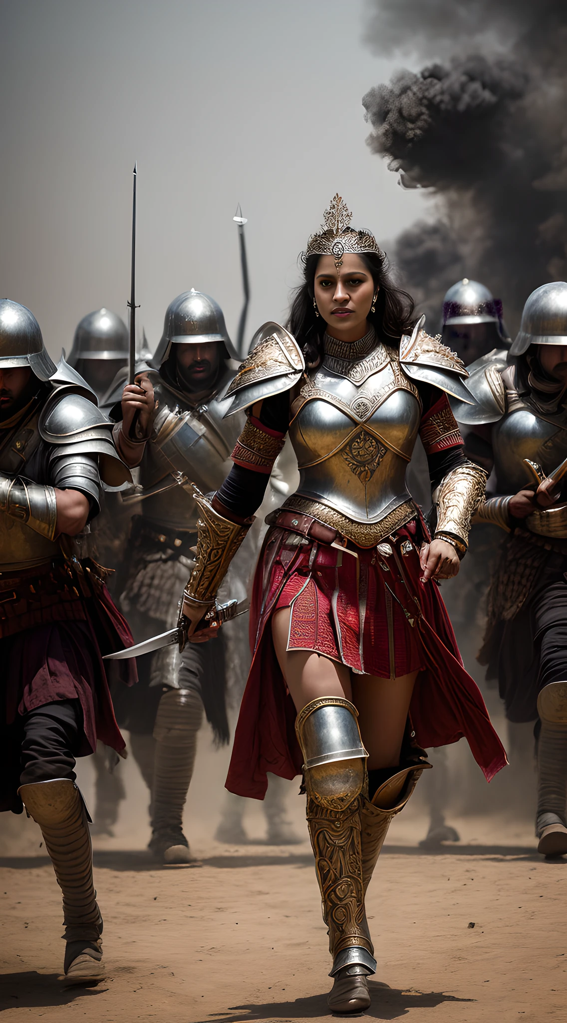 (masterpiece, 8K, UHD, photo-realistic:1.3), Warrior Queen Rani Abbakka Chowta, regal and fierce, (ornate battle armor:1.2), wielding a gleaming sword, triumphant after a hard-fought victory, 16th-century India, battlefield setting, intricate details inspired by Gaston Bussiere and Greg Rutkowski, dust-filled air, scattered fallen enemies, loyal soldiers in the background, warm colors, intense emotion, dynamic composition, dramatic lighting, looking at viewer, mid-action.