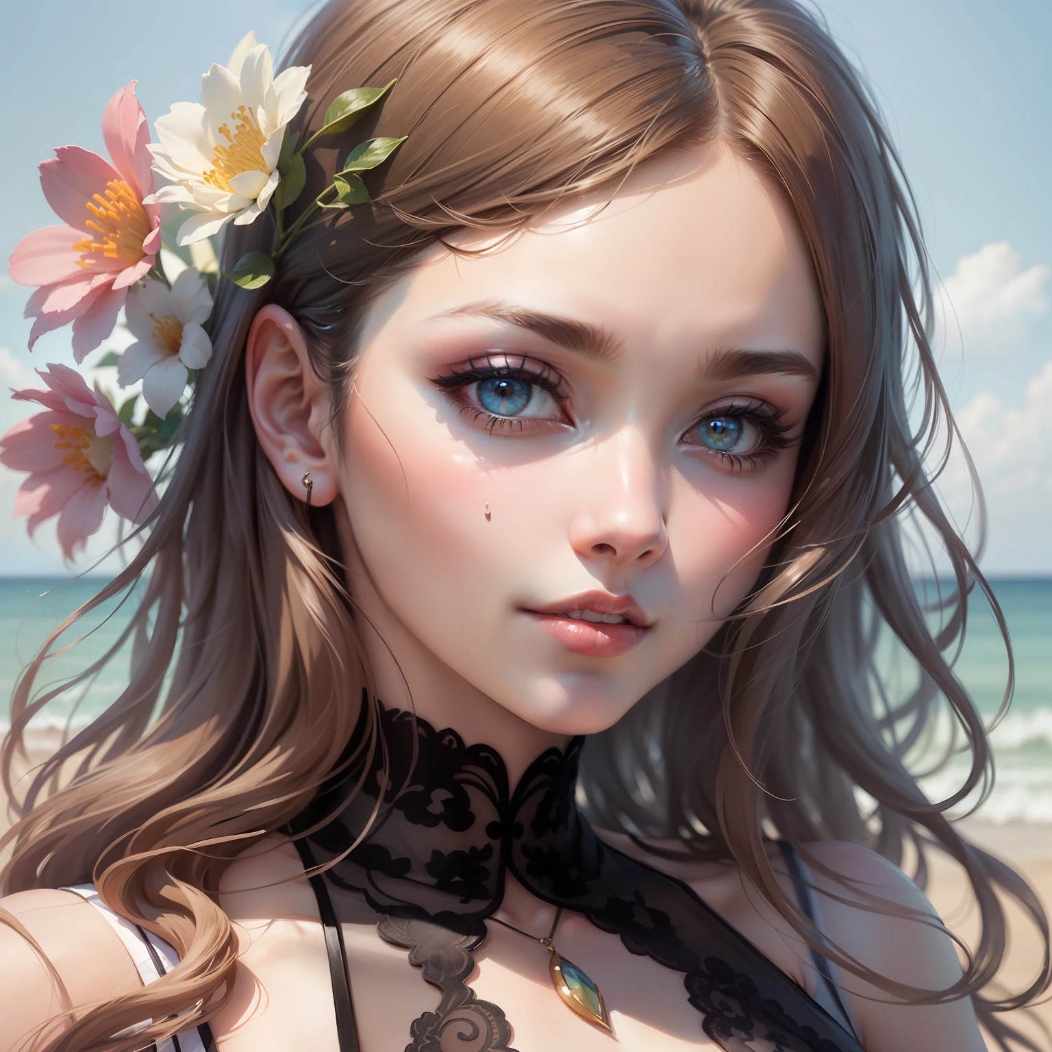 (Best Quality), (Masterpiece), (Beautiful Woman Portrait: 1.5), Sharp Focus, (Elegant Shades, Pastel Colors), Cute Look, 30 years old, Beautiful Face, Elegant Dress, Summer Sea Background, Watercolor