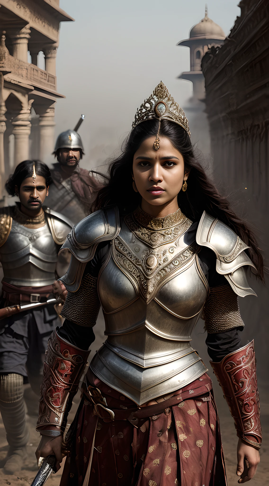 (masterpiece, 8K, UHD, photo-realistic:1.3), Warrior Queen Rani Abbakka Chowta, regal and fierce, (ornate battle armor:1.2), wielding a gleaming sword, triumphant after a hard-fought victory, 16th-century India, battlefield setting, intricate details inspired by Gaston Bussiere and Greg Rutkowski, dust-filled air, scattered fallen enemies, loyal soldiers in the background, warm colors, intense emotion, dynamic composition, dramatic lighting, looking at viewer, mid-action.