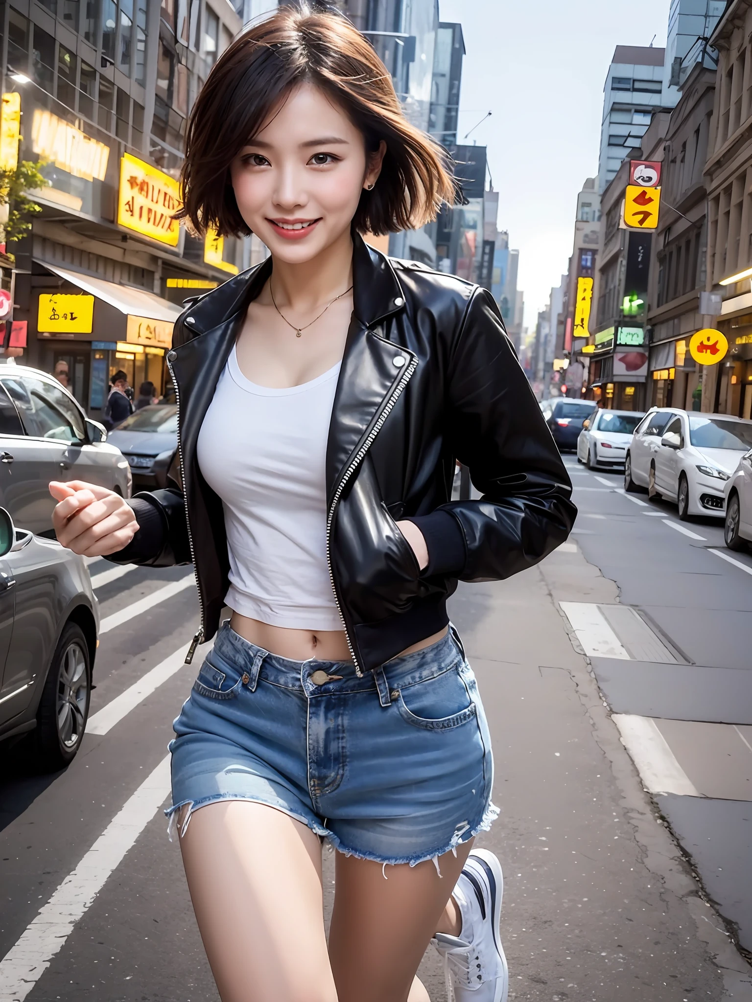 "Generate an image depicting a beautiful woman with boyish style running freely around the city at night. The beauty has a short-cut hairstyle that gives off a cool, androjunous charm. She wears a sporty jacket and boyfriend jeans and walks briskly in sneakers. The city lights illuminate her figure, and the contrast of light and shadow brings out her personality. Her expression is free-spirited, and her cheerful and charming smiles are charmingly revealed. The surrounding cityscape reflects the bustle of the city, depicting people and cars driving by. There are cafes, shops and street signs throughout the city, giving you a sense of urban energy and youth. I hope that this scene will be a dynamic expression of the free charm of a boyish beauty and the vibrancy of the city at night."