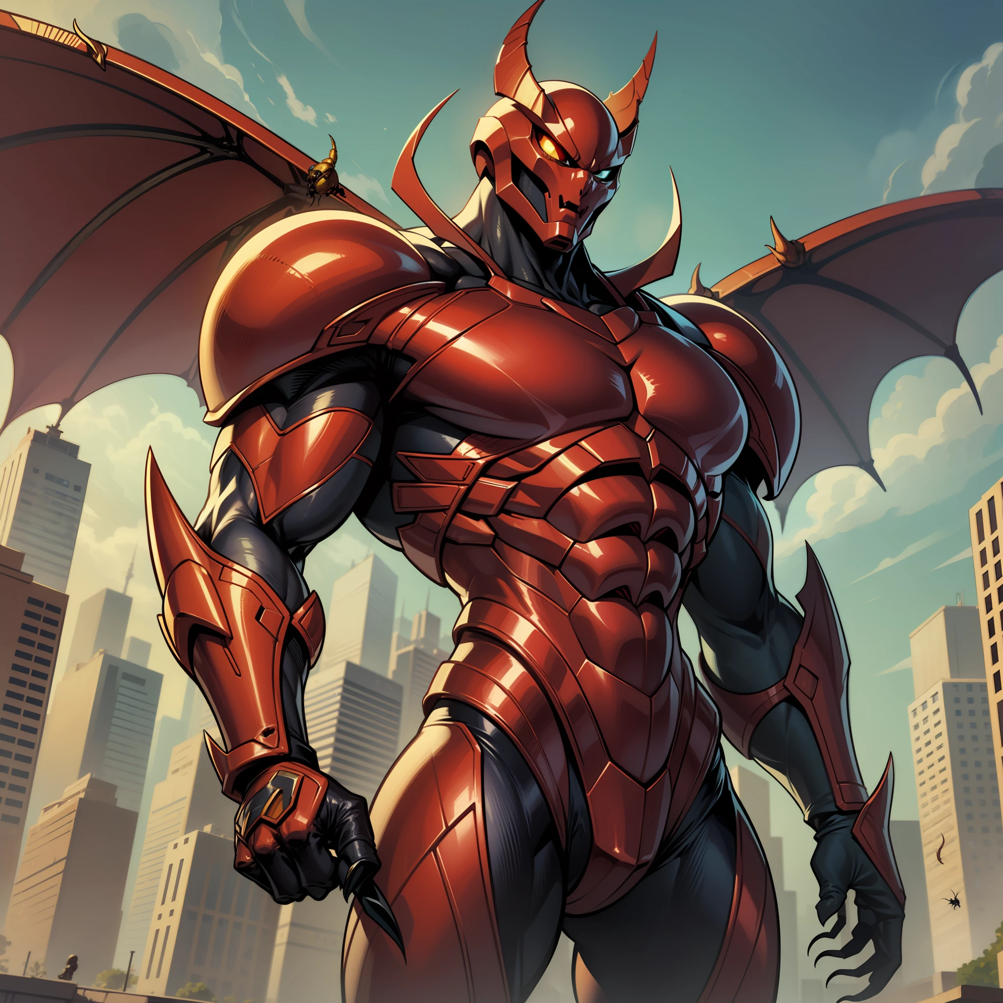 cartoon alien with an unusually developed muscular body, claws and a red body, beetle, celshade, Guyver style,