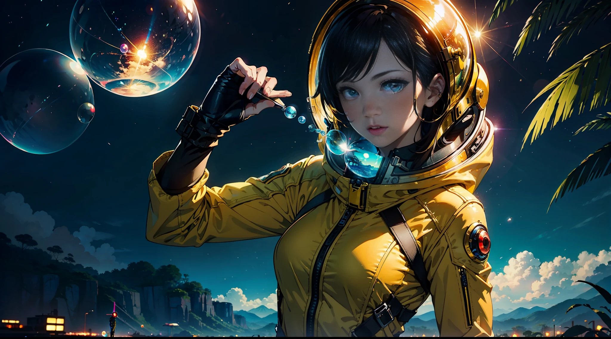 hd masterpiece, one standing woman space cadet looking at camera, detailed face, mid shot, golden suit, colorful clouds and neon soap bubbles, jungles background