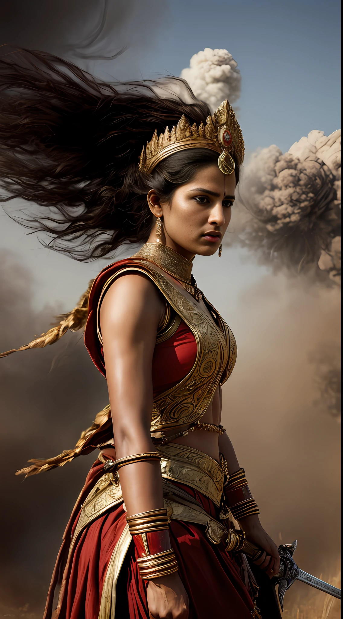 (best quality, ultra high res, CGI, official art:1.2), Warrior Queen Rani Abbakka Chowta, resolute and indomitable, (ornamented battle attire:1.2), sword raised high, celebrating a glorious victory, 16th-century India, battlefield strewn with fallen foes, dramatic realism influenced by Gaston Bussiere and Greg Rutkowski, billowing dust clouds, golden sunlight, loyal soldiers standing strong, intense atmosphere, warm colors, powerful emotion, side view, looking out triumphantly.