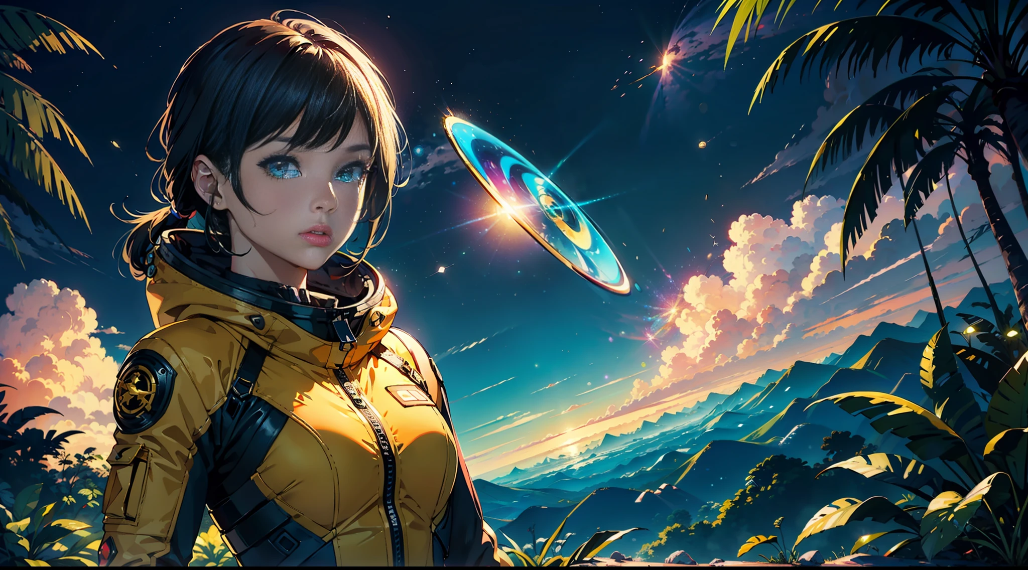 hd masterpiece, one standing woman space cadet looking at camera, detailed face, mid shot, golden suit, colorful clouds and neon soap bubbles, jungles background