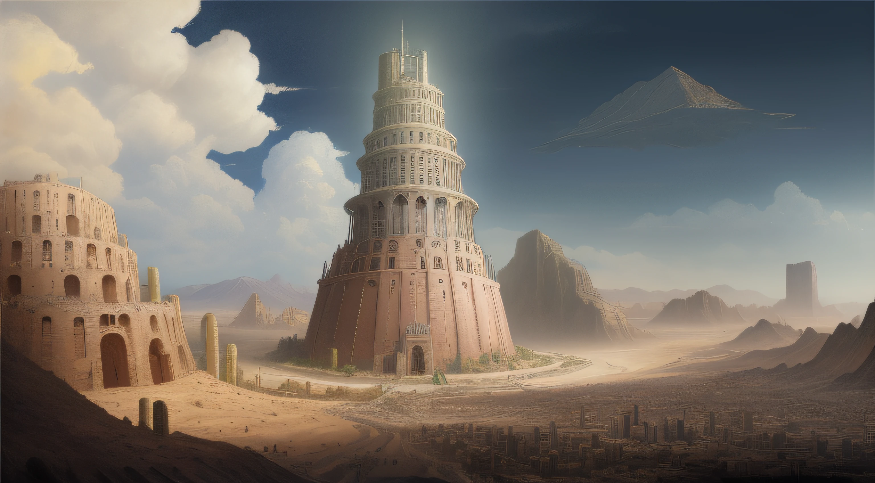 A realistic digital picture painting of a fantasy city in the desert, ancient epic tower in the desert, Tower of Babel, the Tower of Babel, epic fantasy sci fi illustration, babel, fantasy matte painting, bruegels the tower of babel, ancient city landscape, elaborate matte painting