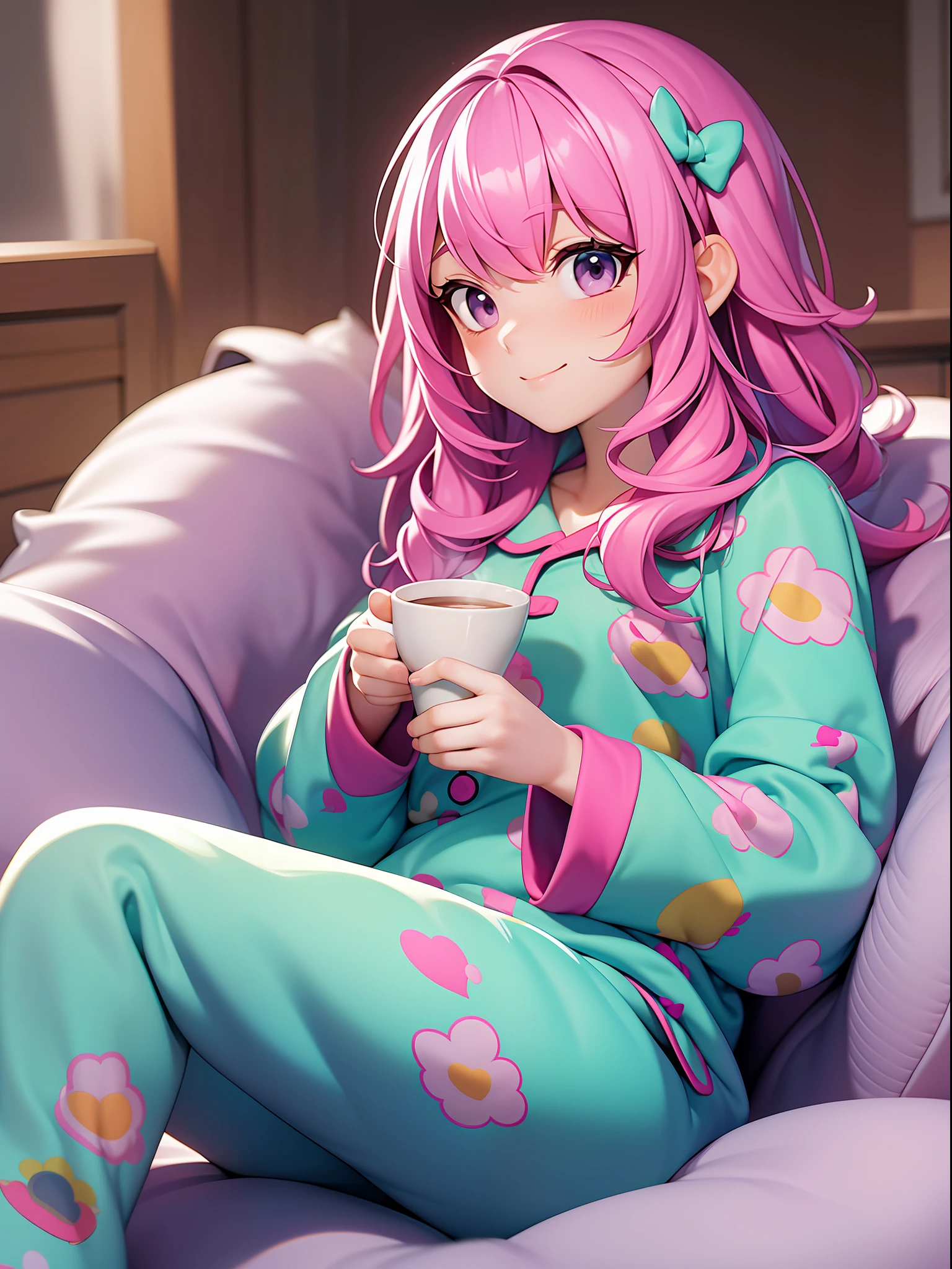 An adorable girl is wearing a cute pajamas, which combines comfort and cuteness. Her pajamas are made of a soft, colorful fabric, with cheerful prints, such as drawings of unicorns, clouds, or cute characters. She's wrapped in a cozy blanket, patterned with her pajamas. Her hair is messy in a charming way, and she holds a cup of hot chocolate, emanating a delicious aroma. A sweet smile graces the girl's face as she enjoys her moment of relaxation. She can be sitting in a comfortable armchair or lying on your bed, creating a pleasant and welcoming atmosphere.