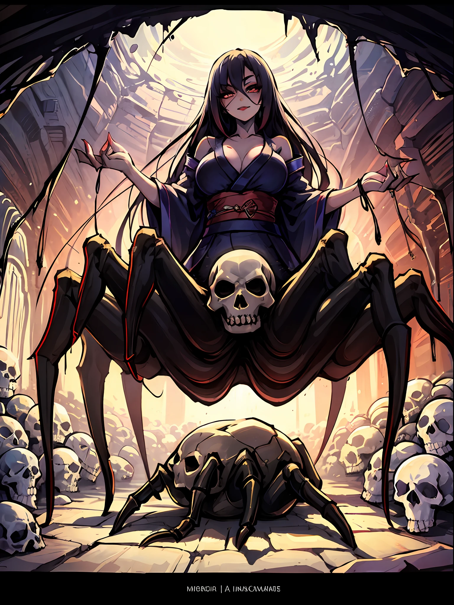 (Arachne: 1.5),
master-piece, monster, solo, upper body bewitching beauty, lower body is a huge centipede, full body, kimono beauty, tattered Japanese clothes, black hair straight, bangs, crimson lipstick, sink eyes, skull pattern on centipede back, background is Japan cave, limestone cave, candlestick, golden rays from the ceiling, skull, sexy, sensual, indulgence, erotic, high image quality, high definition, accurate drawing, detailed drawing,