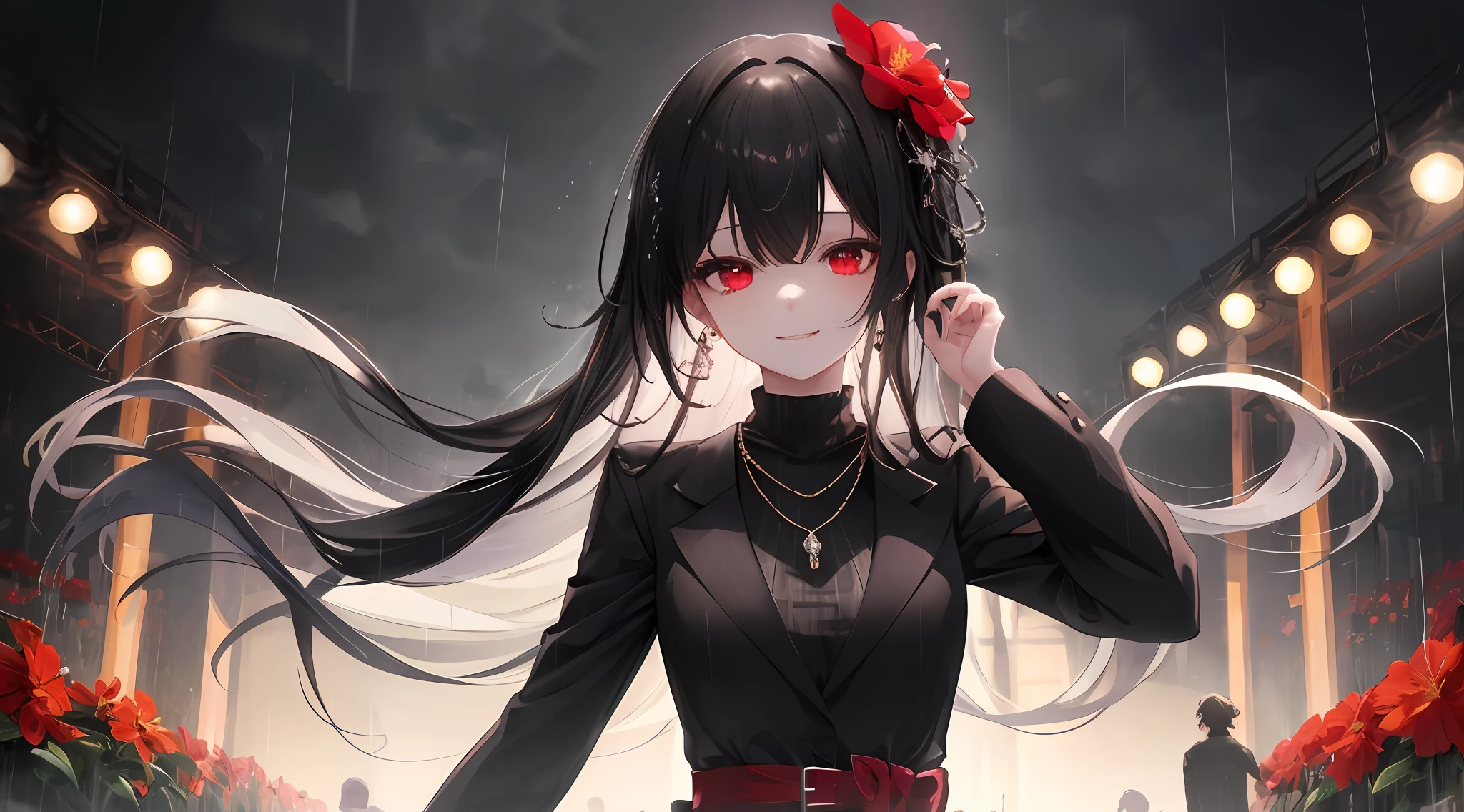 Masterpiece, best quality, 1girl, rain, messy hair, right limbs, 1 girl, red eyes, black hair, long hair, hair accessories, look at the audience, solo, necklace, upper body, dress, hair flower, jewelry, black jacket, shut up, aim for the audience, long sleeves, flower, smile, jacket