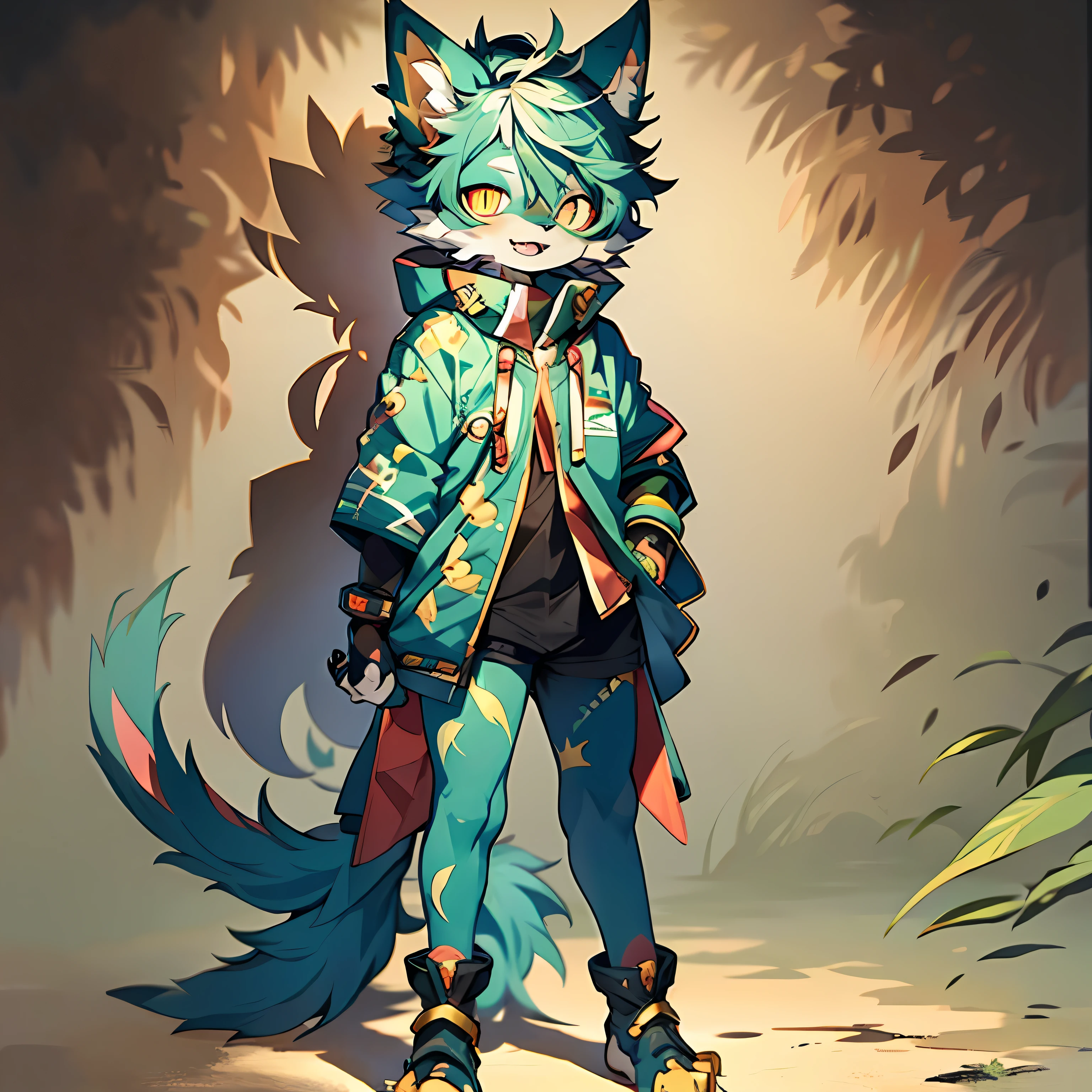 Furry cat Forelimb hands Hindlimb leg and foot standing Shota Little boy Overall blue-green Head, arms, body and legs with gold pattern All over the body with pink flesh pads Eyes and pupils golden Furry No clothing Two ears Small ears Short hair