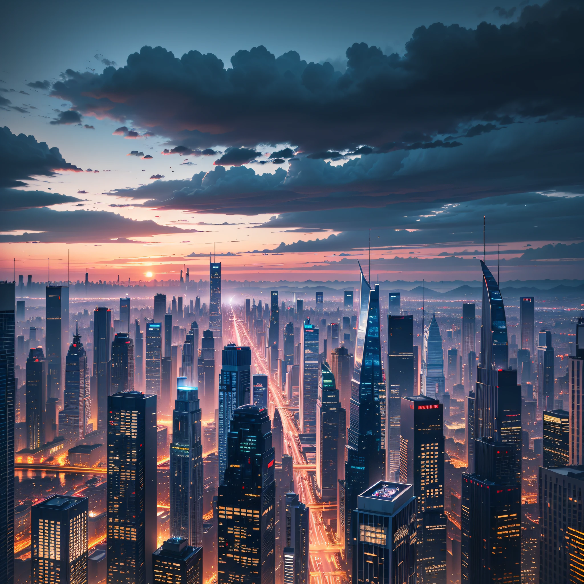 Modern metropolis, Tall skyscrapers, Transport multi-level highways, Neo-Gothic style of architecture, evening, thick dark blue clouds