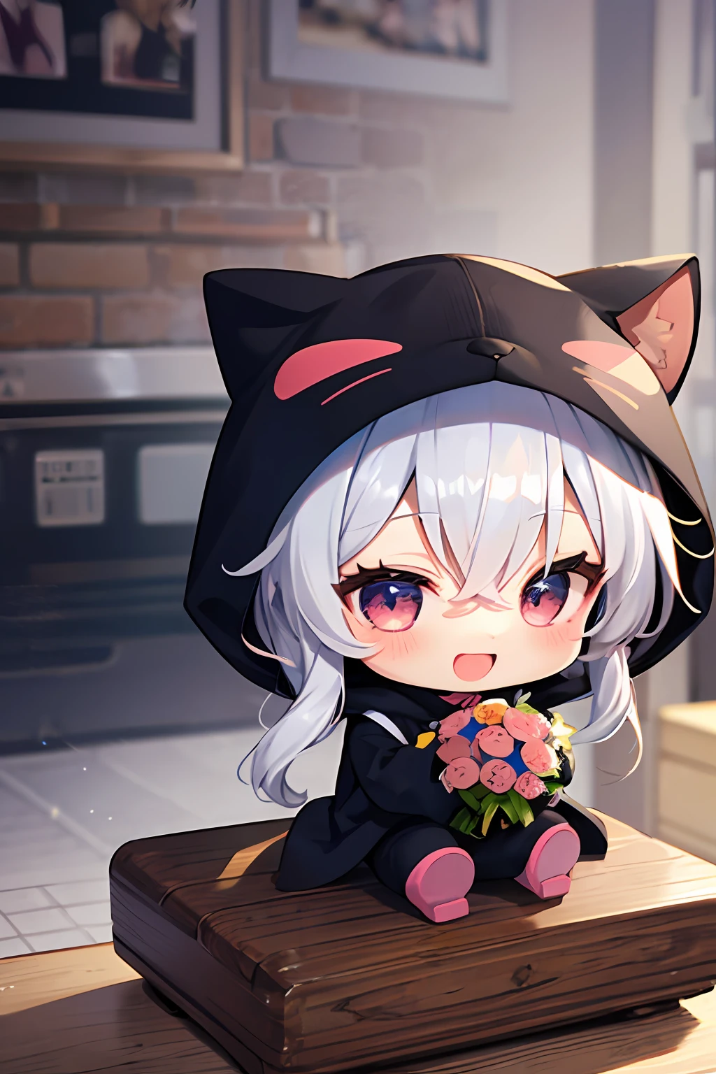 (Chibi: 1.3), happy, (holding a bouquet), full body, Kigurumi, indoors, on the table, (figure),