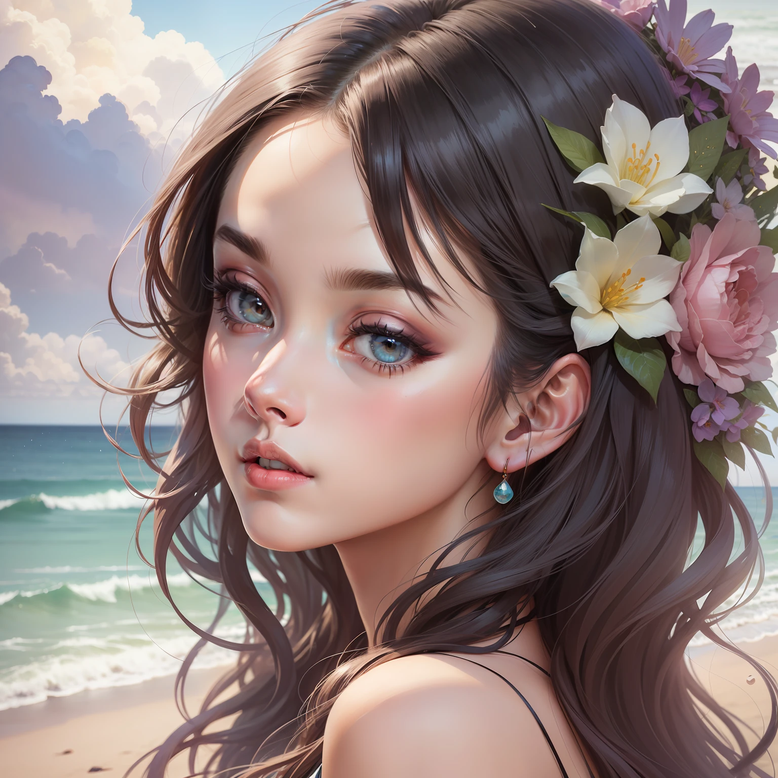 (Best Quality), (Masterpiece), (Beautiful Woman Portrait: 1.5), Sharp Focus, (Elegant Shades, Pastel Colors), Cute Look, 30 years old, Beautiful Face, Elegant Dress, Summer Sea Background, Watercolor