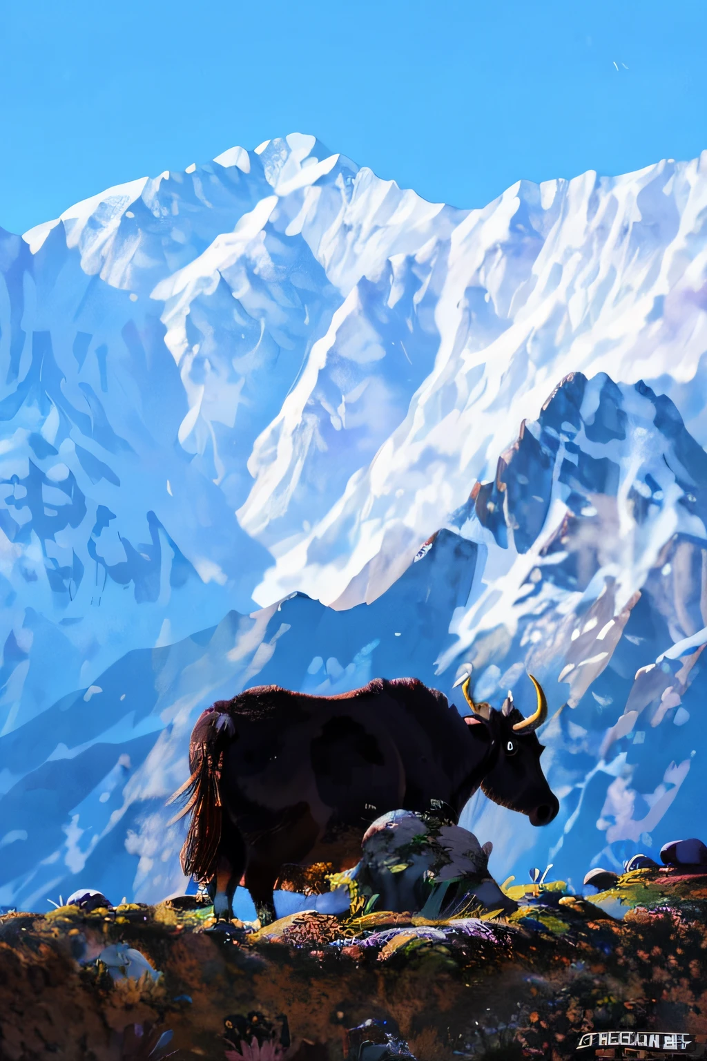 there is a yak standing on a rocky hill with a mountain in the background, breathtaking himalayan landscape, beautiful view, on the mountain, himalayas, omar shanti himalaya tibet, tengri, beautiful views, hard morning light, stunning view, !! low contrast!!, stunning visual, by Anna Haifisch, long tail with horns, rising from mountain range