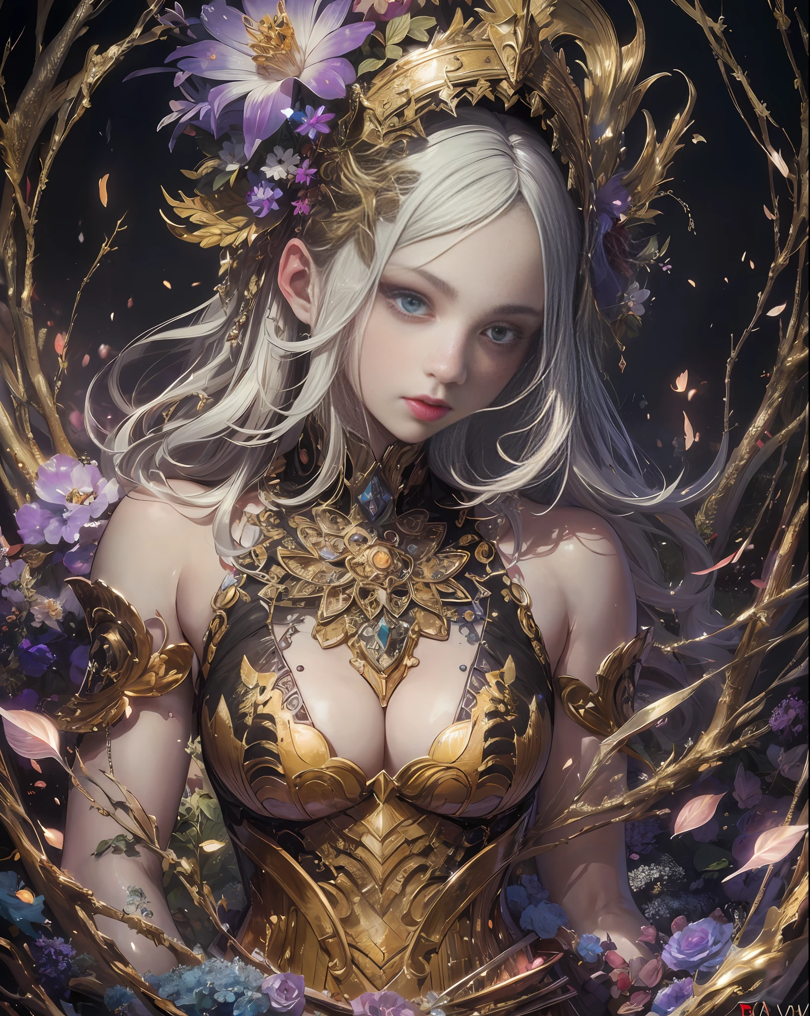 (RAW surrealism, ultra high quality:2), In the heart of a moonlit forest, stands a mesmerizing sculpture, an artistic marvel that captivates the senses. The figure is a fusion of three distinct elements: glistening amethyst crystals, aged driftwood, and swirling golden filaments. This enchanting piece is a delicate balance of nature and opulence, as intricate patterns spiral and weave across its surface, captivating all who lay eyes on this masterpiece, Fibonacci, amazing intricate detailed, fantasy contrast, extreme sharpness, masterpiece detailed, wonderful perfection, many small details, insanely detailed, noise-free, non-blur, distortionless, smooth gradients, sharp focus, shallow depth of field, vivid colors, excellent grading colors, perfect grading illumination, 9D generate visual effects, unreal engine 5, octane render, bokeh effects, volumetric lighting effects, rim lighting, clear, clean, trending on artstation, --no nsfw -imagine --auto --s2