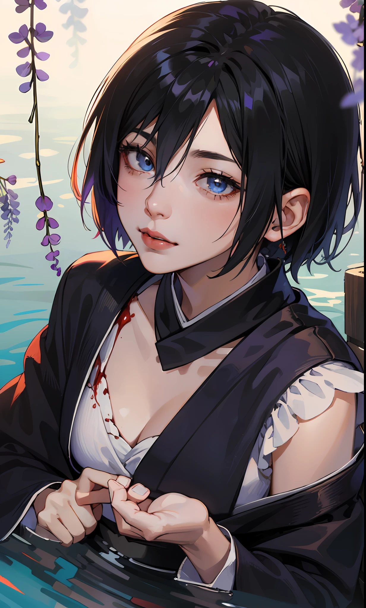 masterpiece, (black kimono), seductive face, good lighting, décolleté, small details, masterpiece, glowing eyes, 1girl, black hair, on face, Mikasa Ackerman , wisteria background, masterpiece, best quality, POV, erotica , laying on the water , blood , creepy