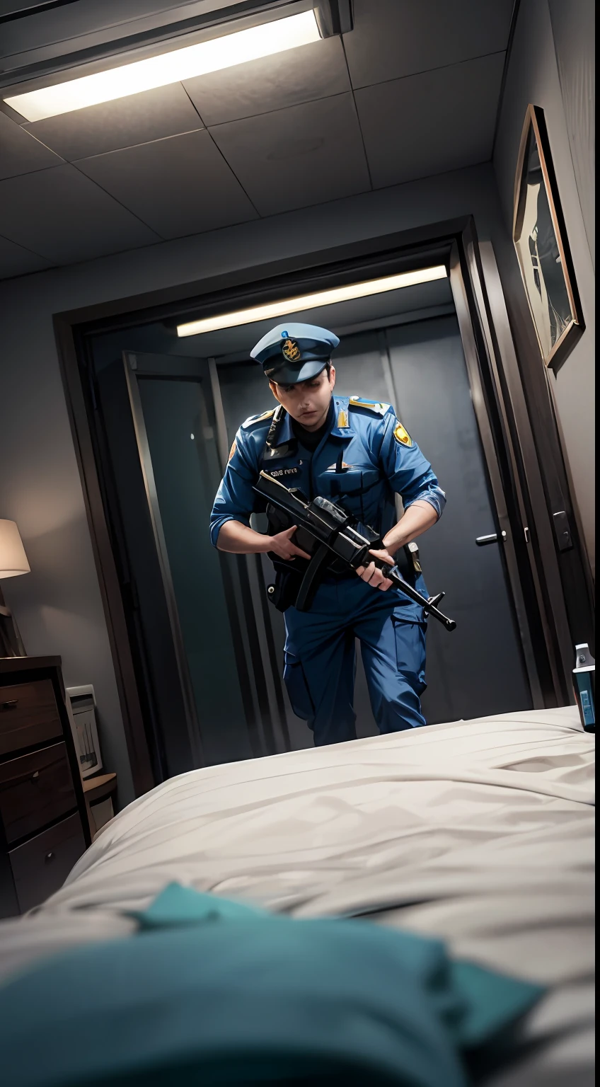 4 male policemen, in the bedroom, shooting from top angle, wide angle, Japanese anime style, dark in the room