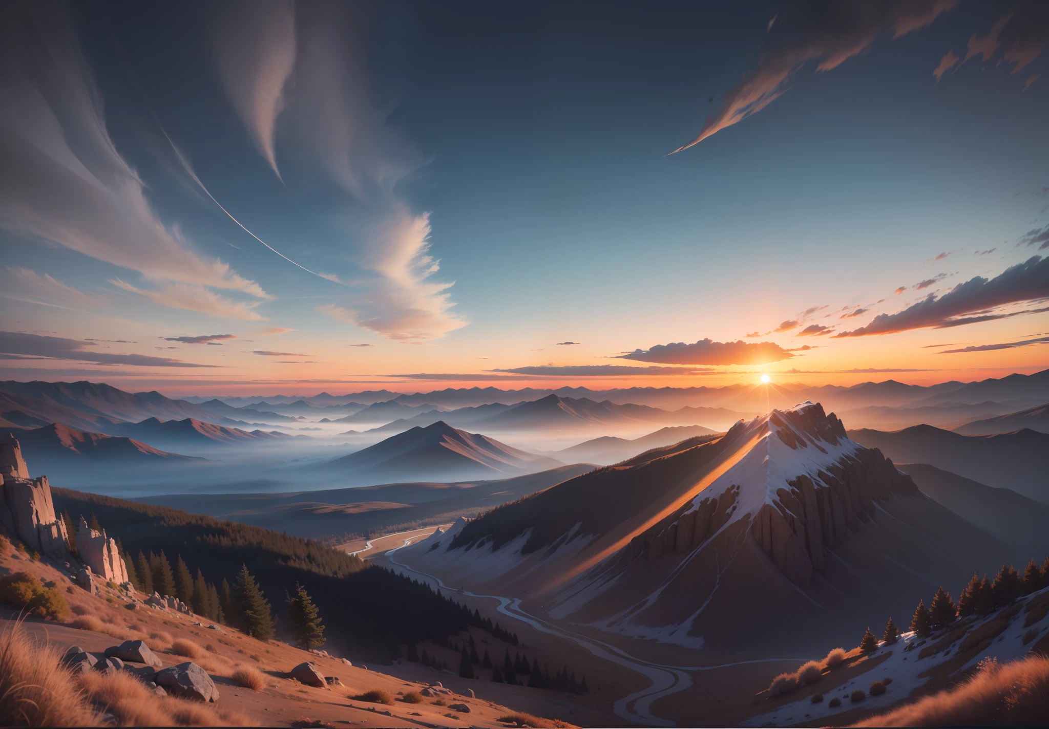 professional scenic photography of {sunset} long-distance, perfect point of view, highly detailed, wide-angle lens, hyper realistic, with dramatic sky, polarizing filter, natural lighting, vivid colors, mountains, all in sharp focus, HDR, UHD, 16K
