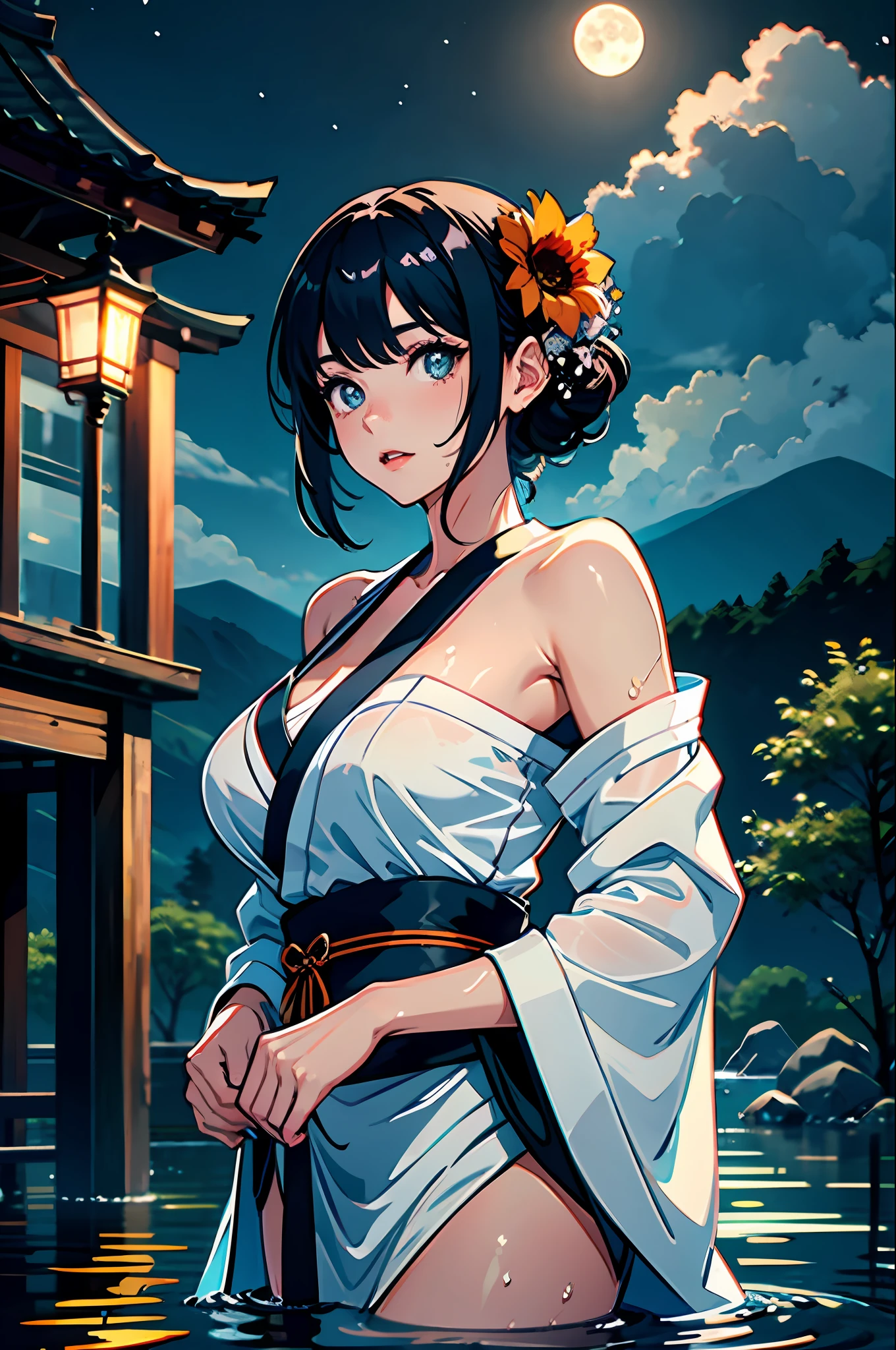 1girl, breasts, moon, lantern, night, solo, large breasts, hair ornament, wet, kimono, japanese clothes, wading, water, hair flower, flower, outdoors, sky, full moon, rain, black hair, off shoulder, mountain, cloud, holding, sash, bare shoulders, paper lantern, standing, white kimono, night sky, sideboob, obi, wet clothes, bangs, tree, from side, reflection, short hair, cloudy sky, wet hair (((masterpiece),(extremely detailed CG unity 8k wallpaper),best quality,,solo,1girl,cinematic lighting,detailed background,beautiful detailed eyes,bright pupils, (an extremely delicate and beautiful),(Beautiful and detailed eye description), ultra-detailed,masterpiece,)),