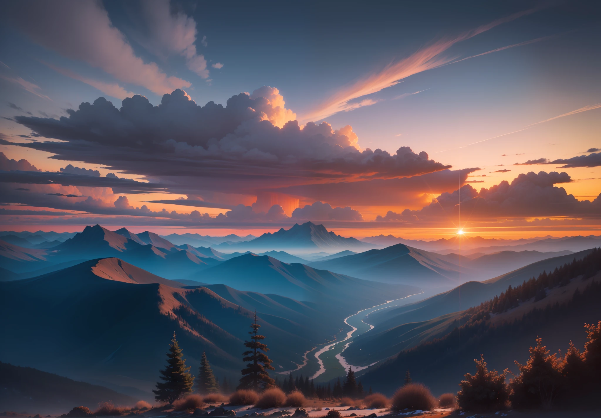 professional scenic photography of {sunset} long-distance, perfect point of view, highly detailed, wide-angle lens, hyper realistic, with dramatic sky, polarizing filter, natural lighting, vivid colors, mountains, all in sharp focus, HDR, UHD, 16K