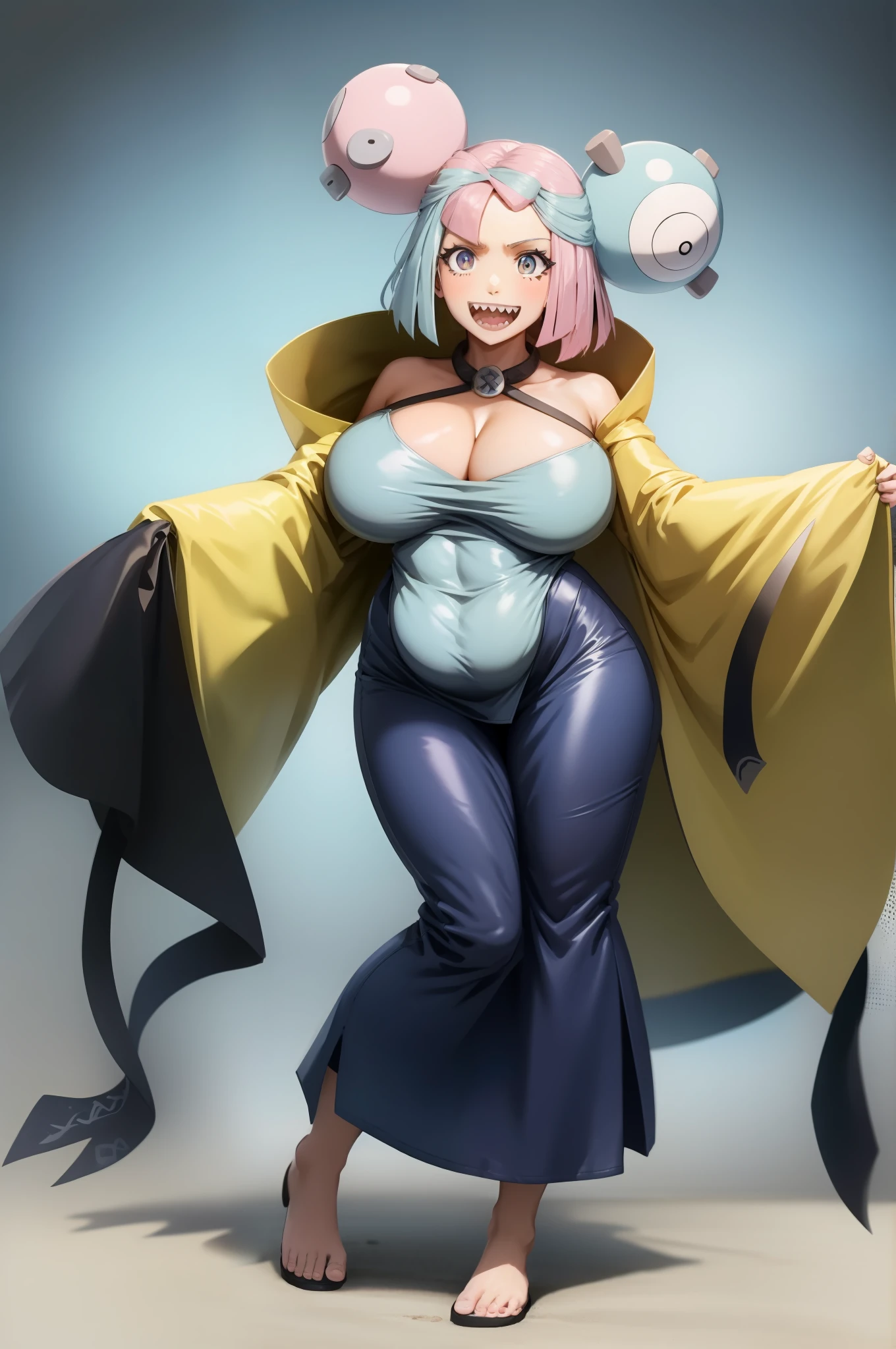 IONO, CURVY, huge breast, veil, priestess, loong robe, long skirt, sharpteeth,open mouth, smile, full body , portrait, pants, hat