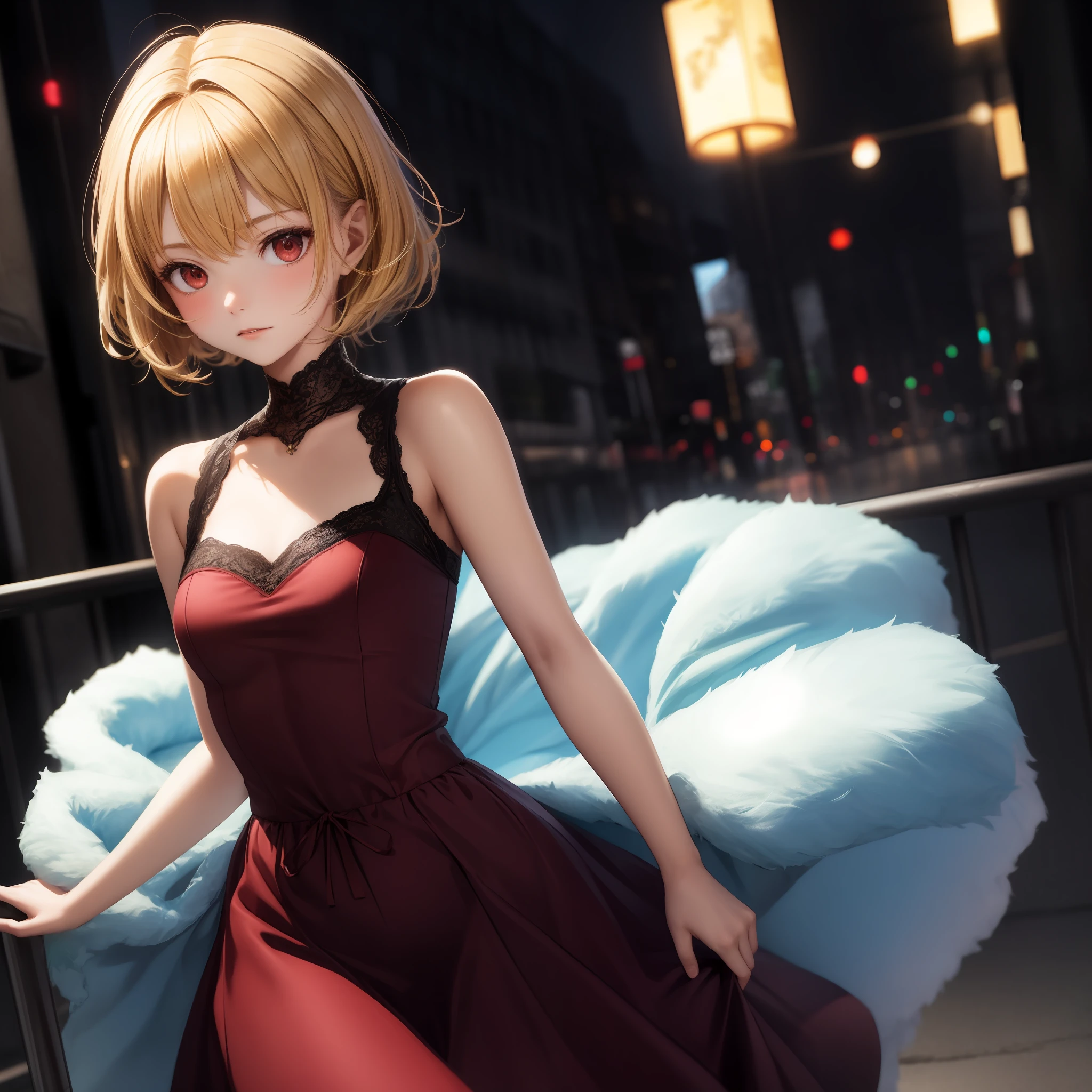 blonde, red eyes, girl, alone, solo, 1girl, fluffy dress