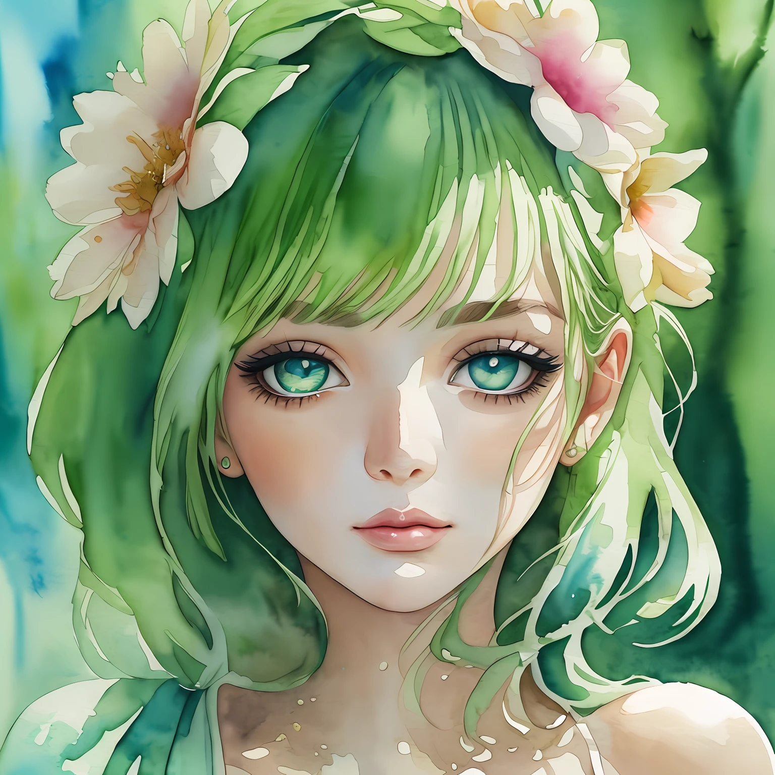 (best quality),(masterpiece:1.2), (colorful:0.9), (ink splashing),(color splashing),((watercolor)), clear sharp focus,
(portrait goddess of summer:1.5), cute expression,elegant green colored haircut, beautyfull detailed face and eyes, elegant goddess clothing, summer forest background,
colorwater
