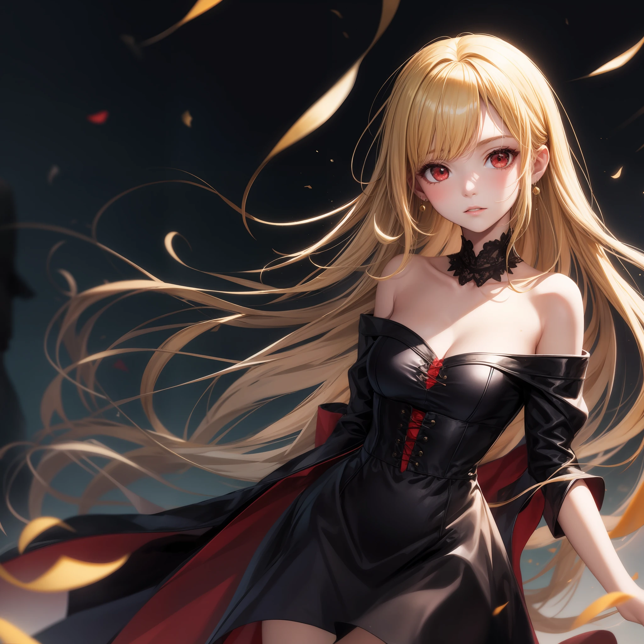 blonde, red eyes, girl, alone, solo, 1girl, off-shoulder, dress,