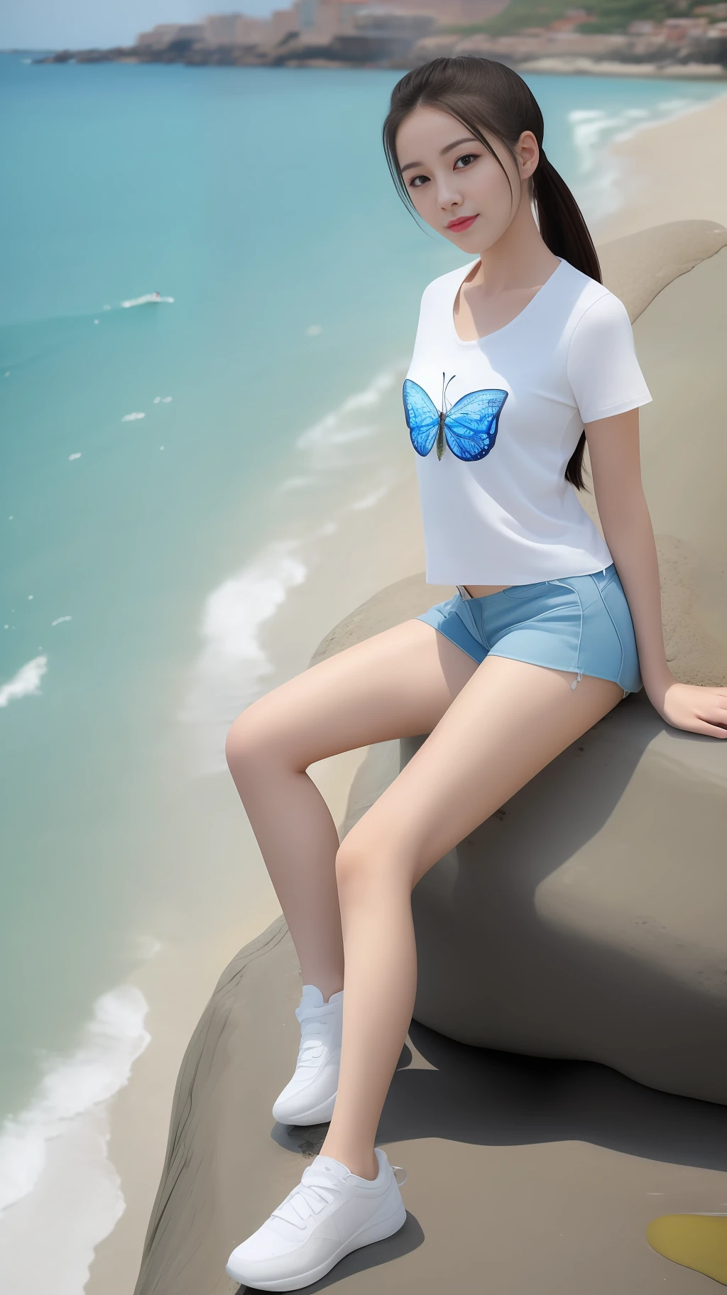 High quality, masterpiece, 8k, (1 girl, two ponytails), (sitting diagonally on a rock, sea, waves, background, sea, waves), smile, (professional wear, white T-shirt, butterfly pattern, white shorts, white stockings, white sneakers, thin and breathable material), summer, cool, seawater, waves, Gulangyu, right leg raised,