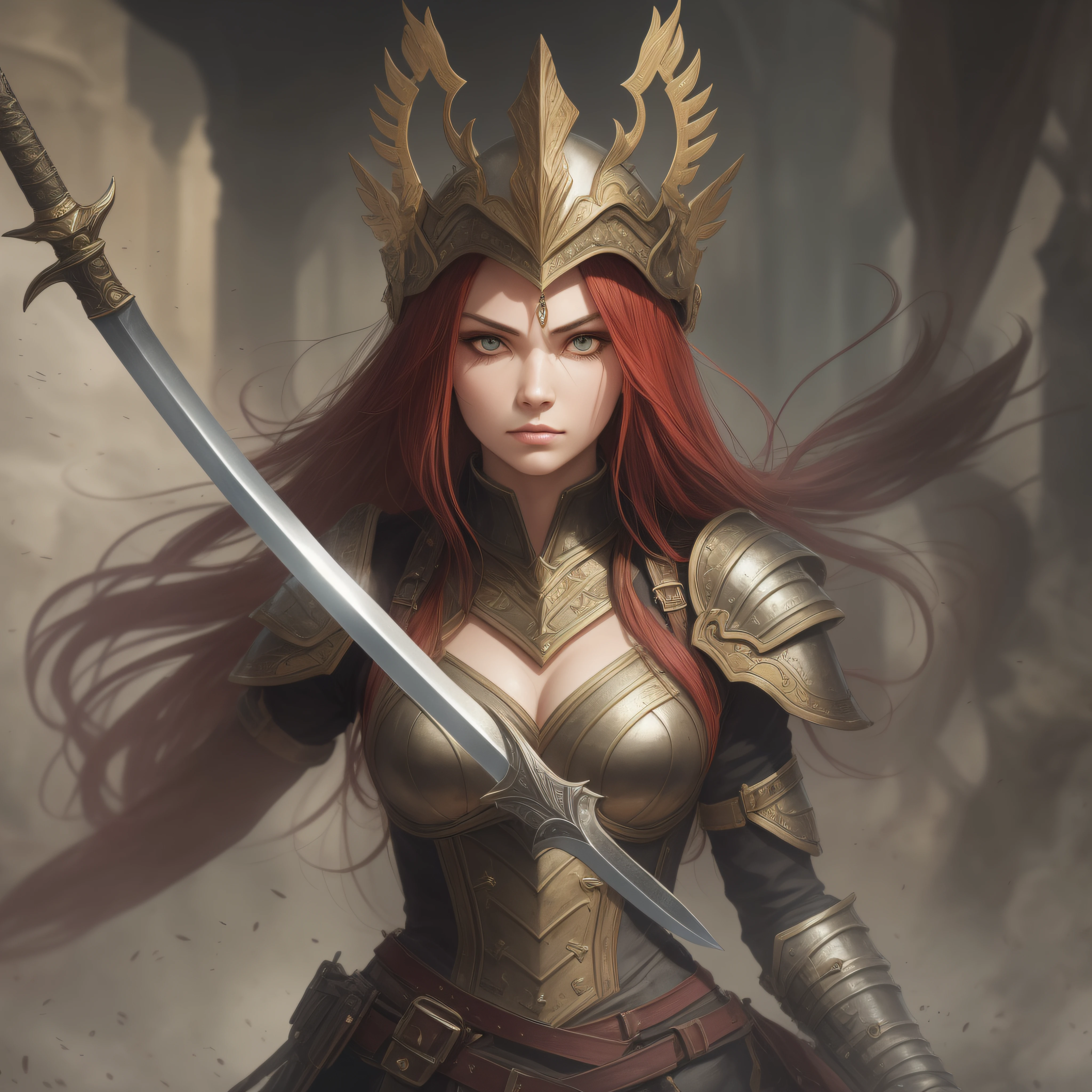 (masterpiece:1.2), (best quality:1.2)Aurelia, the Valiant Swordsman, is depicted in a drawing with strong and expressive strokes. She is an imposing and courageous figure, exuding confidence and determination. His average height and athletic physique are evidenced by his well-balanced proportions. Aurelia has long, wild red hair that cascades over her shoulders, giving her a wild and fearless look. His eyes sparkle brightly, reflecting his determination and spirit of leadership. Wearing imposing armor, Aurelia is a warrior ready to take on any challenge. Its armor is made of gleaming metal, with intricate details and engravings that show its history and origin. She wears a helmet adorned with a red plume, adding a touch of elegance and prominence to her appearance. Regarding her weapon, Aurelia wields a long, sharp sword. The blade is made of a shiny metal, while the handle is wrapped in leather to provide better handling. The sword is his extension, a representation of his skill and dexterity as a valiant swordsman. Aurelia's posture in the drawing is imposing, with broad shoulders and a firm jaw. She is ready to face any challenge, keeping herself on her guard and ready to act at any time. Her gaze is fixed and determined, conveying the courage that defines her as the leader and protector of Alantia. The setting around Aurelia can vary, depending on the context of the scene. It could be a battlefield with wreckage and defeated enemies, a mysterious and lush landscape, or even the castle in which it resides. The drawing depicts an environment that complements his heroic figure and intensifies the narrative of his adventures. In short, Aurelia's drawing, the Valiant Swordswoman, depicts a brave and fearless warrior, ready to face epic challenges. His striking appearance, imposing armor and sharp sword capture the essence of his brave personality and leader.