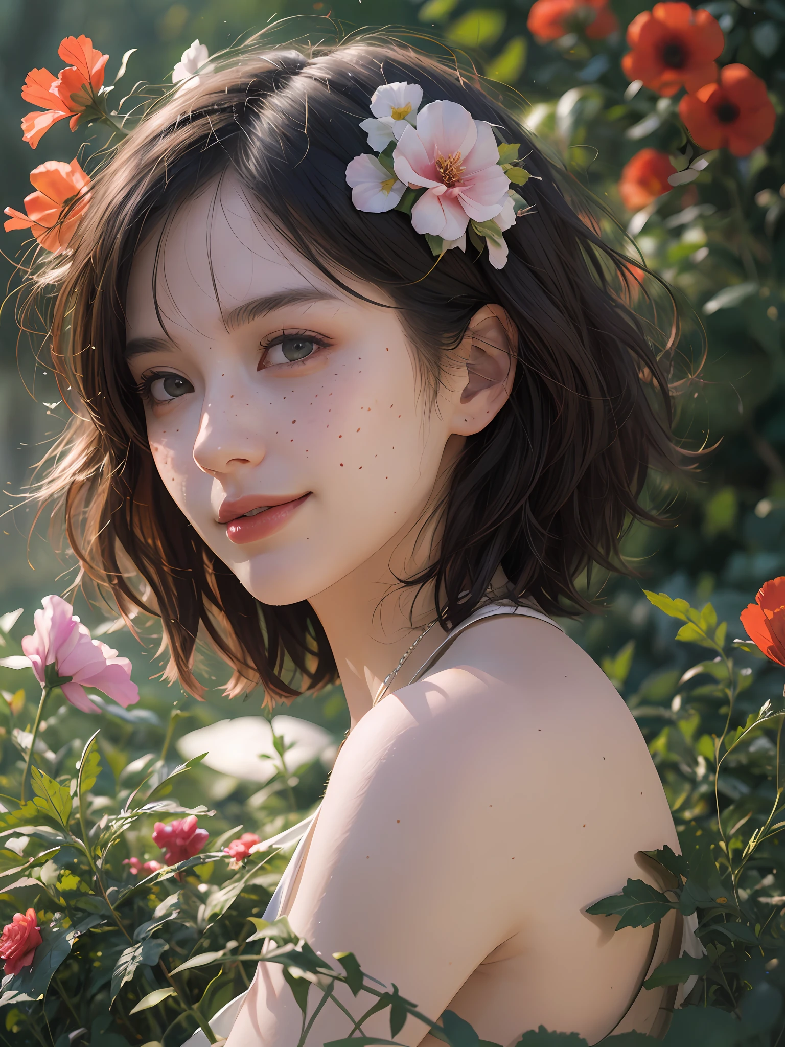 Best quality, masterpiece, ultra high res, (photorealistic:1.8), (freckles:1.0), raw photo,(shot from top high camera angle), 35mm, ultra sharpness, misty photo, 1girl, playing piano in the garden, surrounded with flying butterflies, colorful butterflies, smirk smile, slouchy editorial pose, shoulder in, in the dark, deep shadow, low key, natural light on face, cold light, majestic light, light rays at the back, modest look, messy short hair, colourful wild poppy flowers background and foreground, roses, ivy and carnation flower, flower bokeh, (film grain:1.0)