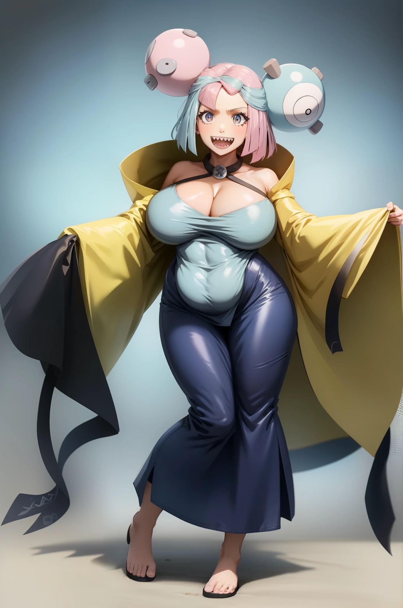 IONO, CURVY, huge breast, veil, priestess, loong robe, long skirt, sharpteeth,open mouth, smile, full body , portrait, pants, hat