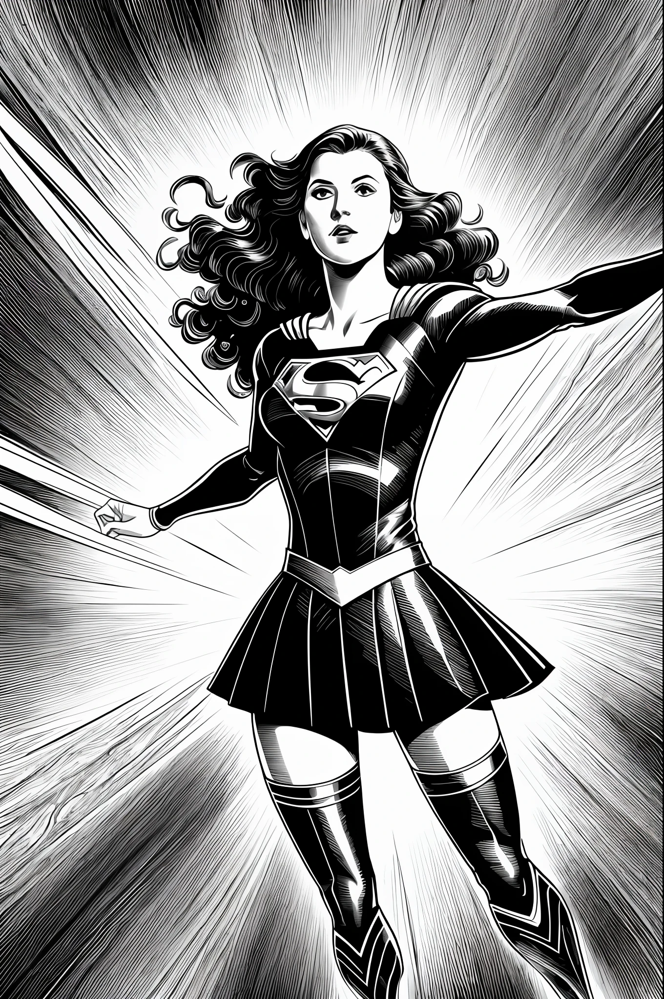 ridiculous resolution, high resolution, (masterpiece:1.4), super detailed, supergirl, seen from above, space, floating, monochrome, black and white one-liners,