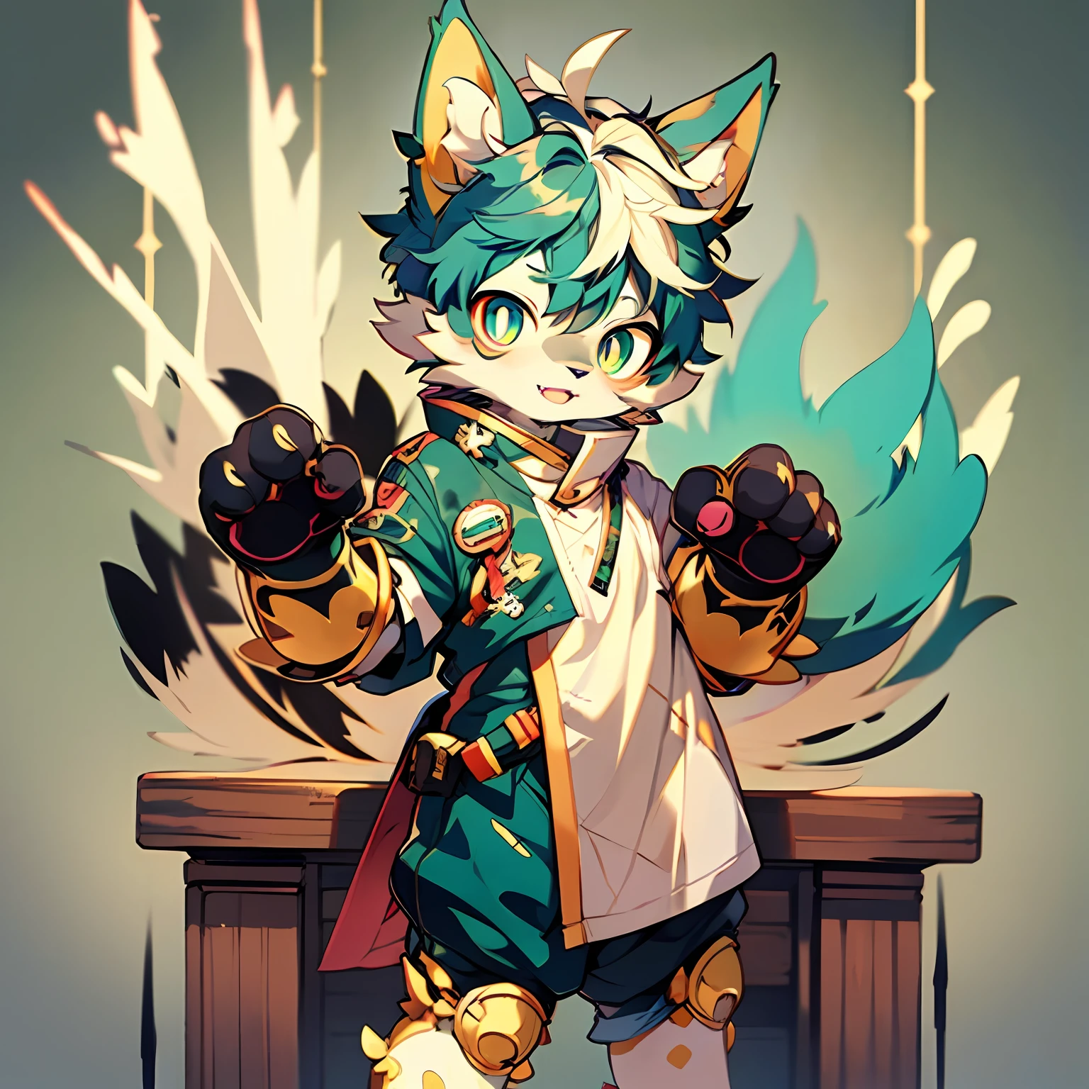 Furry cat Forelimb hands Hindlimb leg and foot standing Shota Little boy Overall blue-green Head, arms, body and legs with gold pattern All over the body with pink flesh pads Eyes and pupils golden Furry No clothing Two ears Small ears Short hair