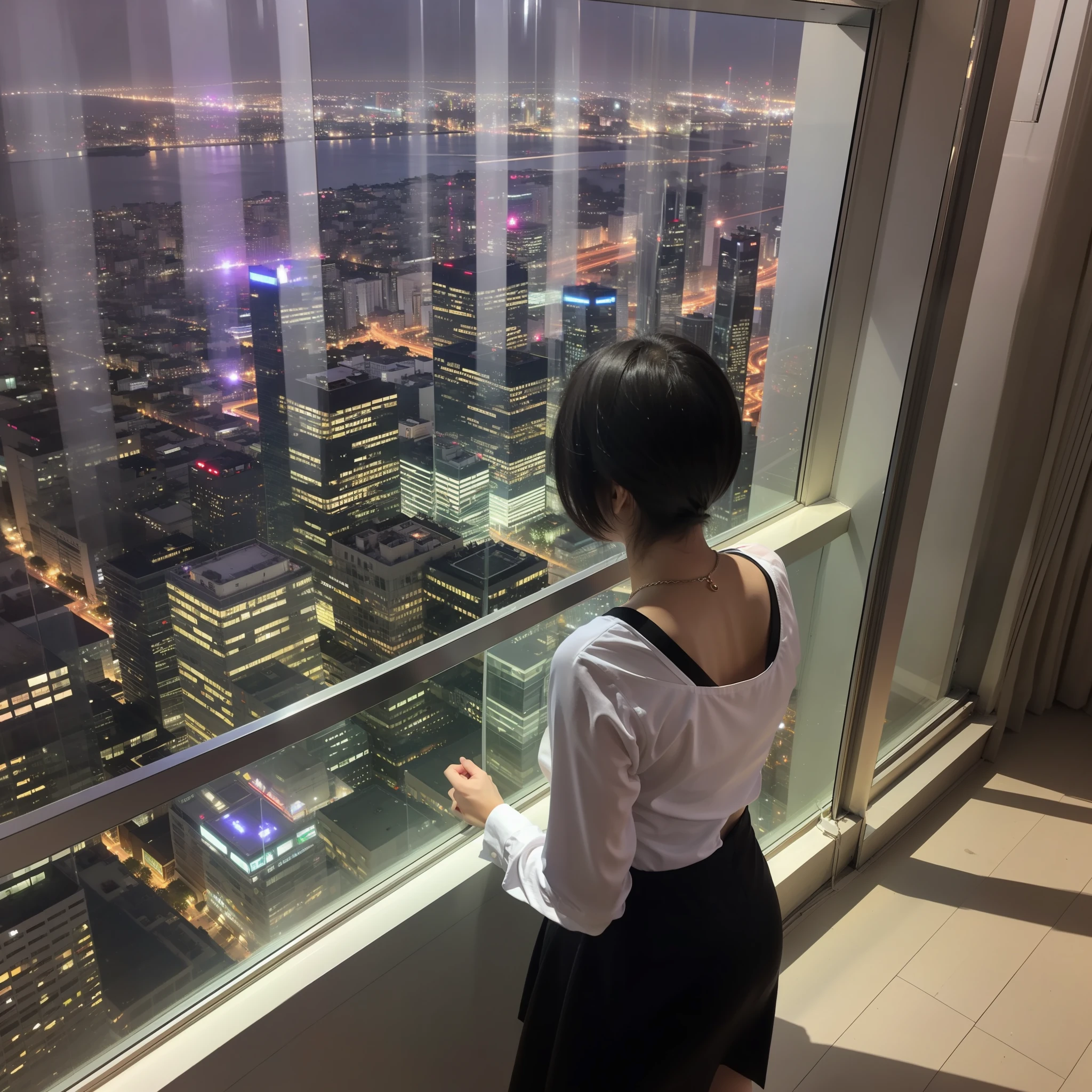 Short black hair, back to the audience, standing in front of the floor-to-ceiling window, overlooking the city night view, glass reflection