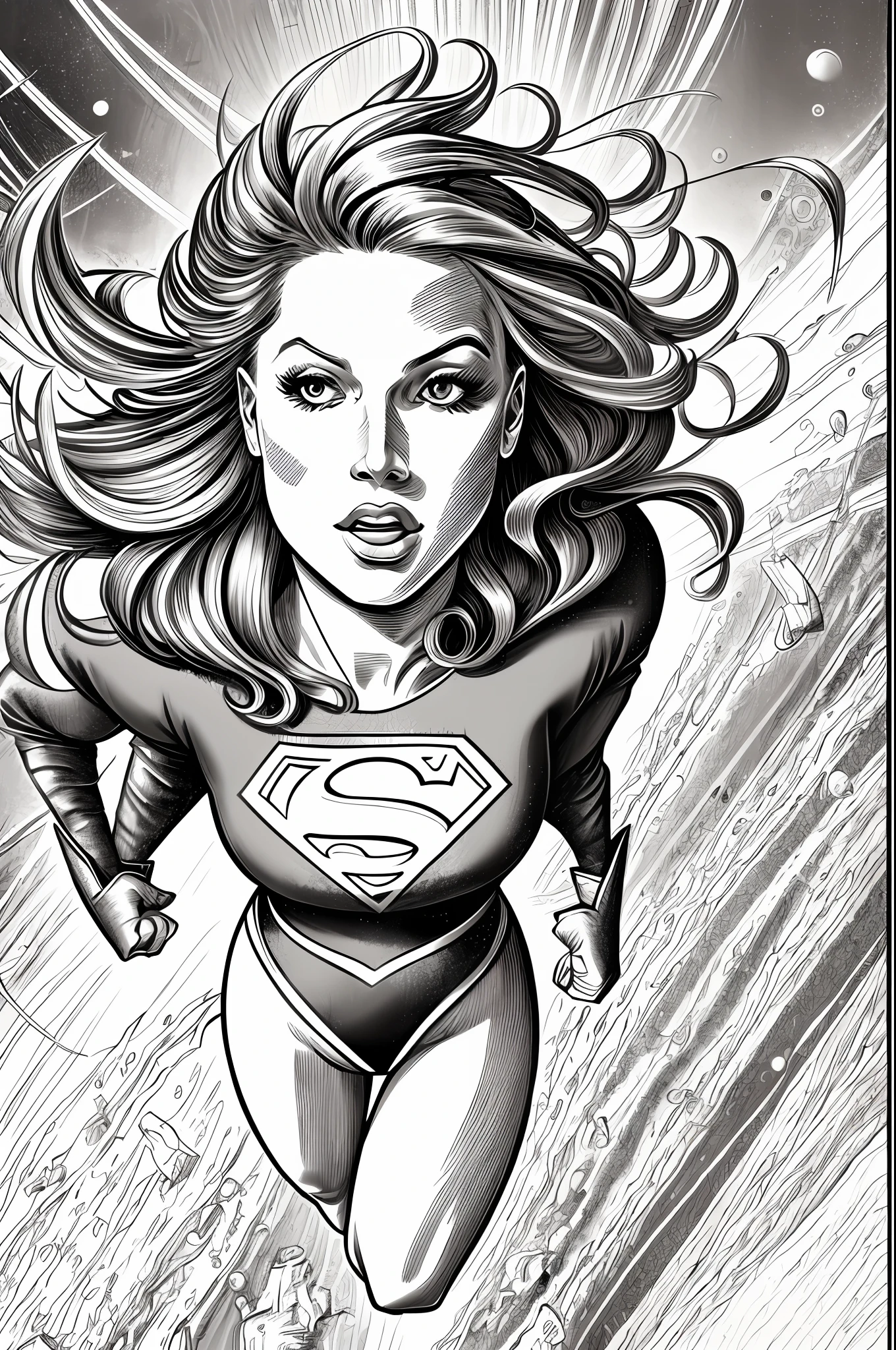 ridiculous resolution, high resolution, (masterpiece:1.4), super detailed, supergirl, seen from above, space, floating, monochrome, line drawing,